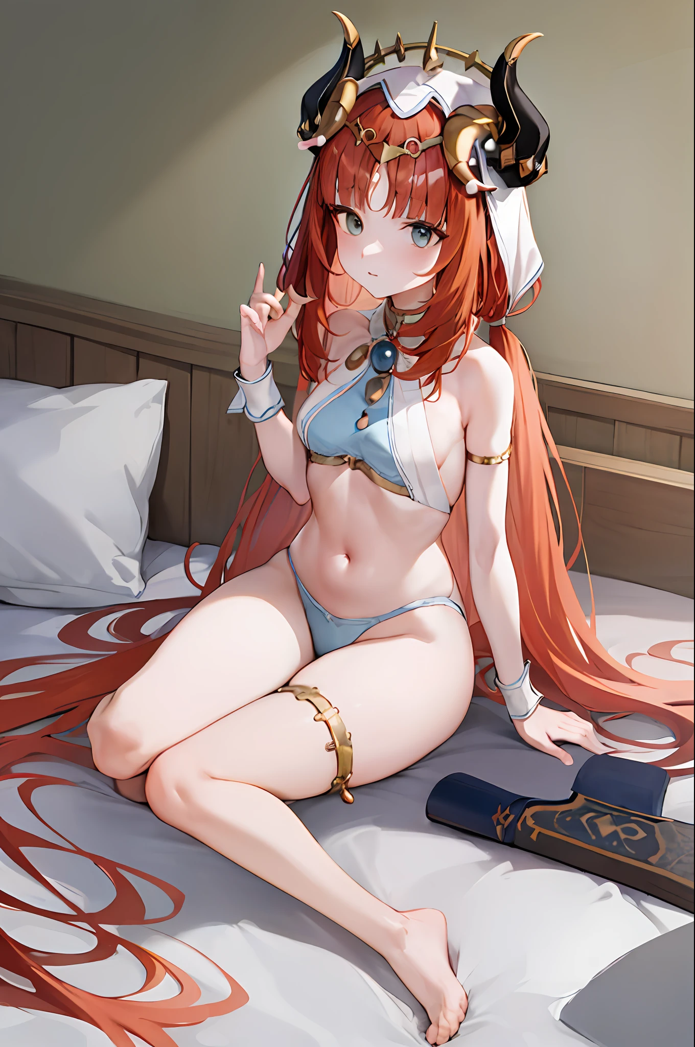 Change clothes for bunny suit, nilou (genshin impact), aquamarine eyes, nilou (genshin impact), fake horns, 1 girl, red hair, long hair, horns, bangs, two pigtails, split bangs, breasts, headpiece hair, low pigtails, small breasts, stomach, very long hair