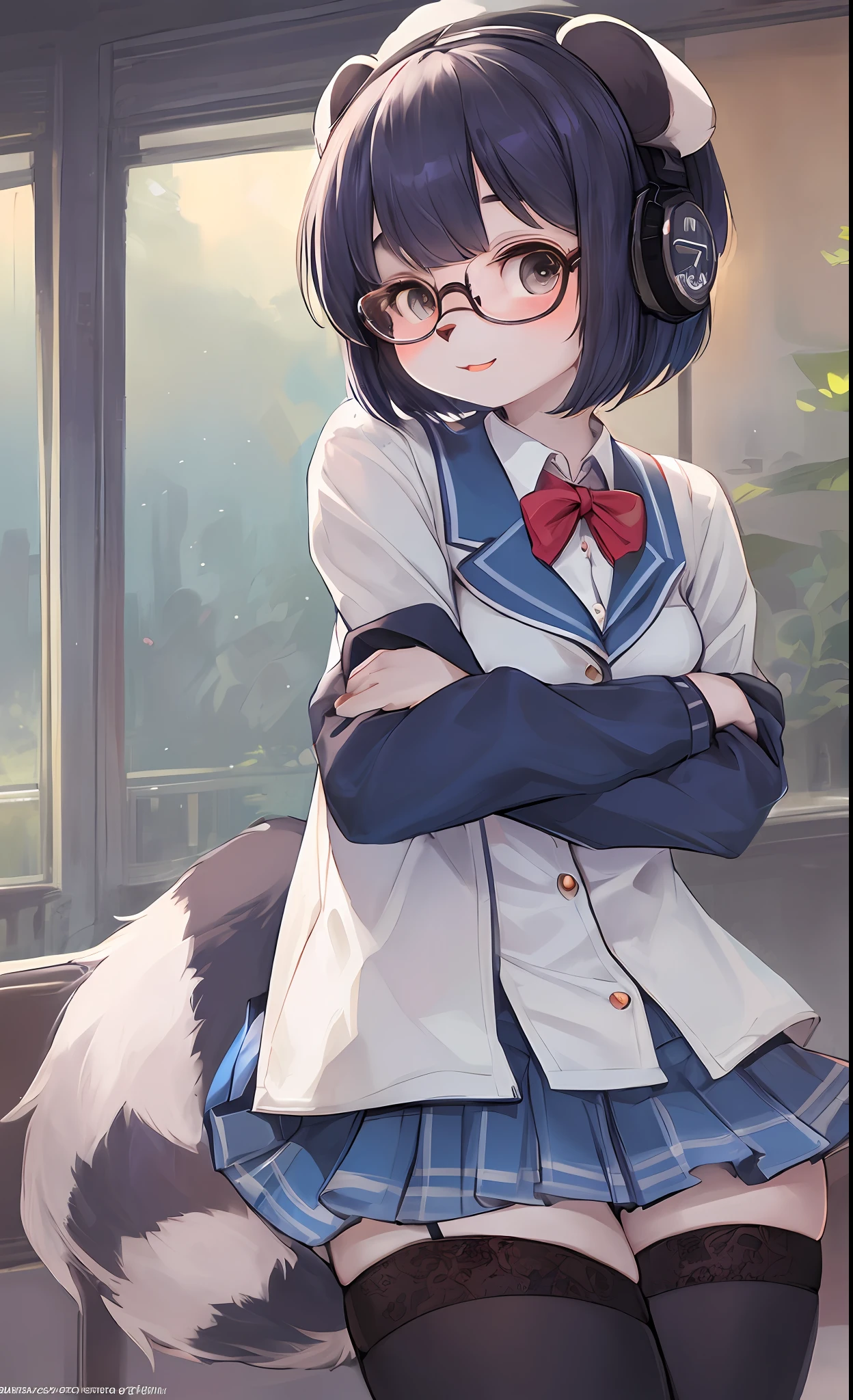 furry, cute face, ambient light, ultra detailed fur, volumetric light, school uniform, headphones, stockings, glasses, 1 girl, solo, geek, bob cut, animal ears, animal tails, tail, furry, panda ears