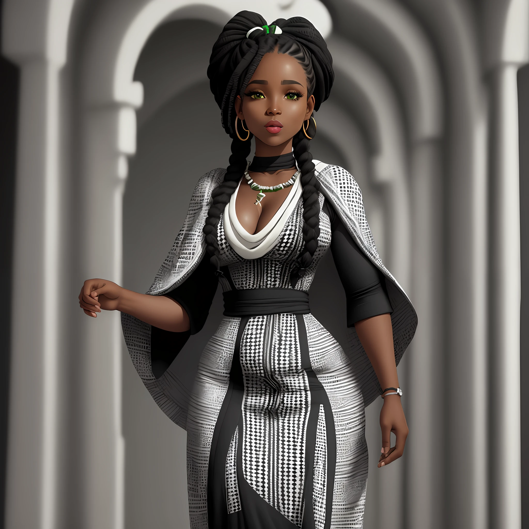 Cape Verdean woman, with terrycloth clothes (black and white African style dress), braided hair, detailed, high quality, green eyes