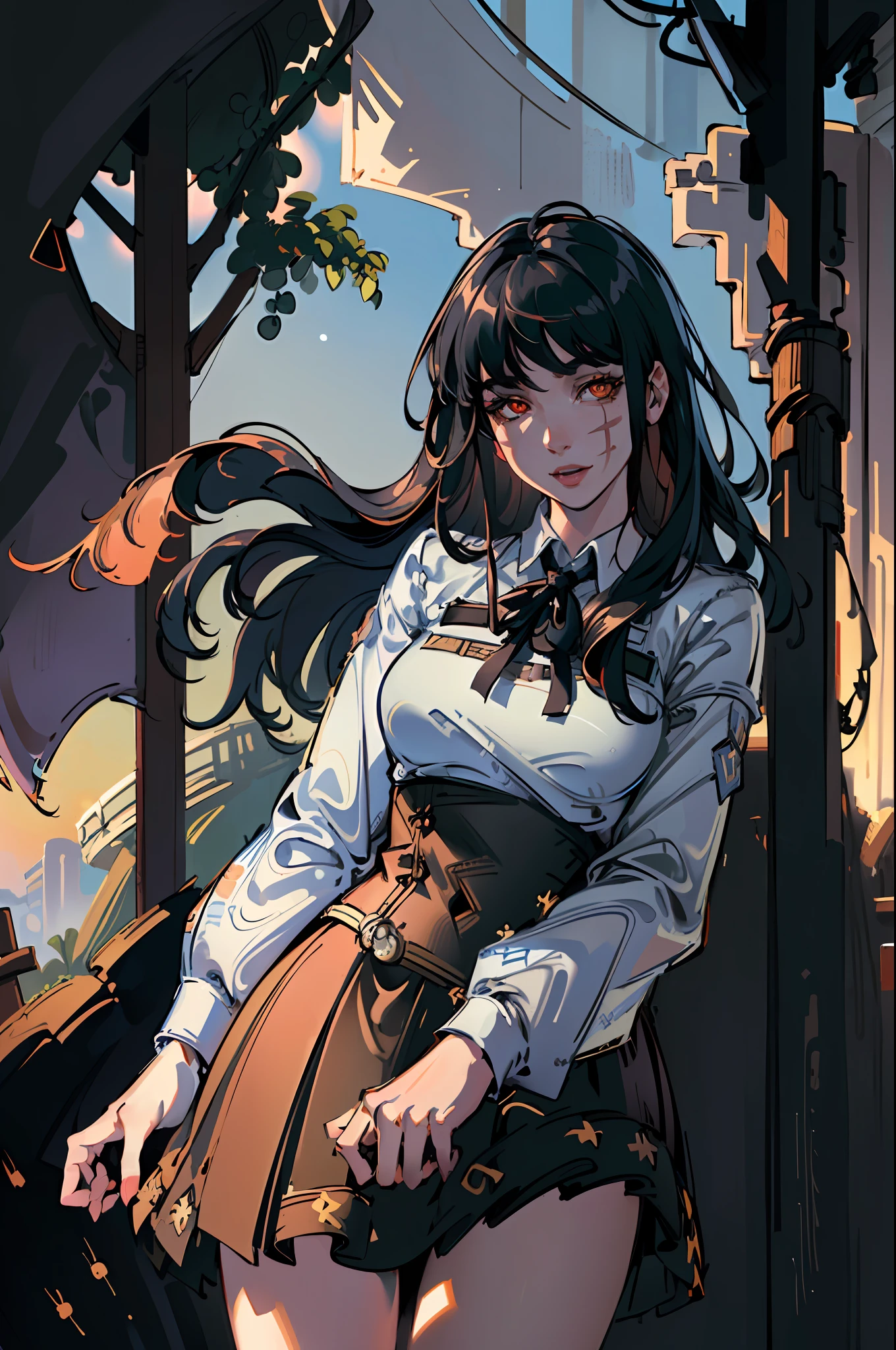 (masterpiece, best quality), yoru, 1girl, long hair, red eyes, scar on face, ringed eyes, curvy, makeup, cute pose, cute, looking at viewer, smile, :D, cute pose, (detailed ladscape, (detailed background),detailed landscape, (dynamic angle:1.2), (dynamic pose:1.2), (rule of third_composition:1.3), (Line of action:1.2), wide shot, daylight, solo, (masterpiece:1.2), (best quality, highest quality), (ultra detailed), (8k, 4k, intricate),(full-body-shot), (Cowboy-shot:1.4), (50mm), (highly detailed:1.2),(detailed face:1.2), detailed_eyes,(gradients),(ambient light:1.3),(cinematic composition:1.3),(HDR:1),Accent Lighting,extremely detailed CG unity 8k wallpaper,original, highres,