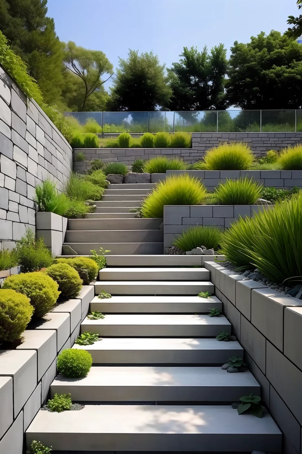 There is a stone wall with a bunch of plants growing on it, cinder blocks, cement and concrete, slope, concrete wall, bluestone wall, rough concrete wall, wall structure, outdoor staircase made of stone and concrete, mini amphitheatre, With walkways, concrete columns, walls