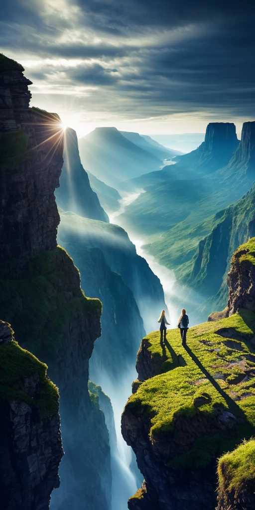 Create a mesmerizing scene that connects deeply with the viewer, evoking a range of emotions and leaving an indelible impact without relying on words. Use a vibrant, contrasting color palette to intensify the visual impact. Describe a lone figure on the edge of a breathtaking cliff overlooking a vast and awe-inspiring landscape. Let the figure's posture and facial expression convey a mixture of wonder, contemplation, and a touch of melancholy. Surround the scene with elements of nature, such as swirling clouds, distant mountains or a waterfall, to enhance the immersive experience. Infuse the atmosphere with a touch of magic or mystery, perhaps through subtle glowing orbs or ethereal light. Allow the scene's composition and details to captivate the viewer and invite them on an emotional journey that lingers in their thoughts long after they've seen the artwork. centered, intricate, volumetric lighting, beautiful, sharp focus, ultra detailed ,Image Size: 960 x 536