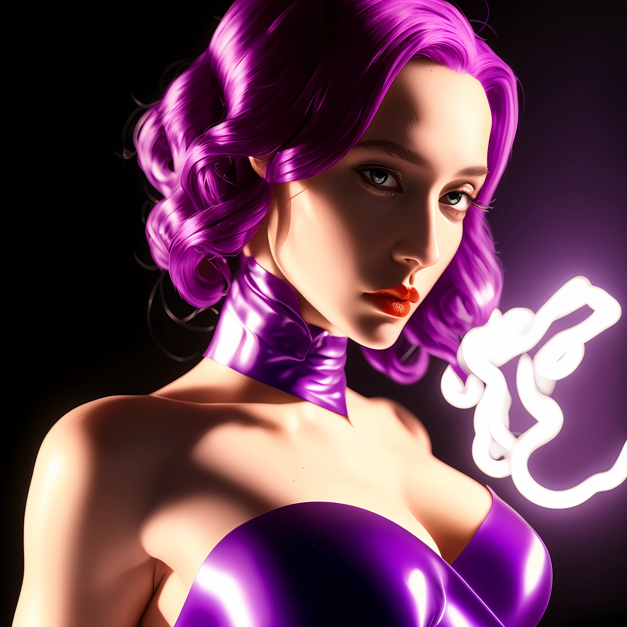 Beautiful woman, neon purple hair, ultra realistic, 8k, perfect body, sculpture, Cinematic lighting, by Rembrandt, by Johannes Vermeer, futurism, unreal engine, Close-up perspective, Made of plastic, DSLR camera, Fog filter, scene fancy --chaos 70 --seed 2525252525 --no --Duplicate heads --iw 0 --h 2034 --quality 2 --w 128 --ar 16:9 --version 4 --stylize 2500
