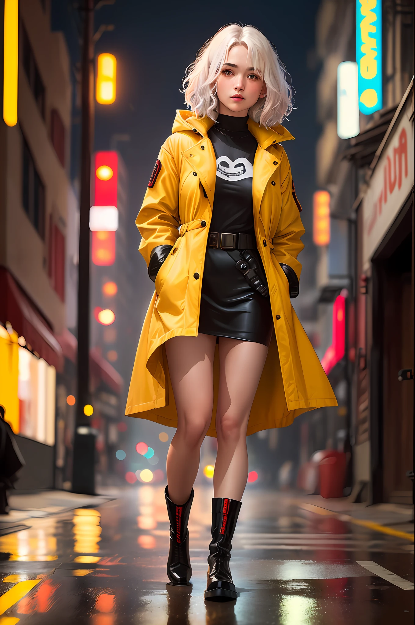 standing position, female, 40s, (short long hair: 1.3), wavy white hair, emo: 1.1, (white T-shirt inside red coat, black boots, blade runner cyberpunk fashion), street background, (eye full black, yellow pulp), best quality, extremely detailed, studio quality, Alex Maleev, professional, canon camera, nikon camera, sharp, bokeh, panoramic, by Robert Capa