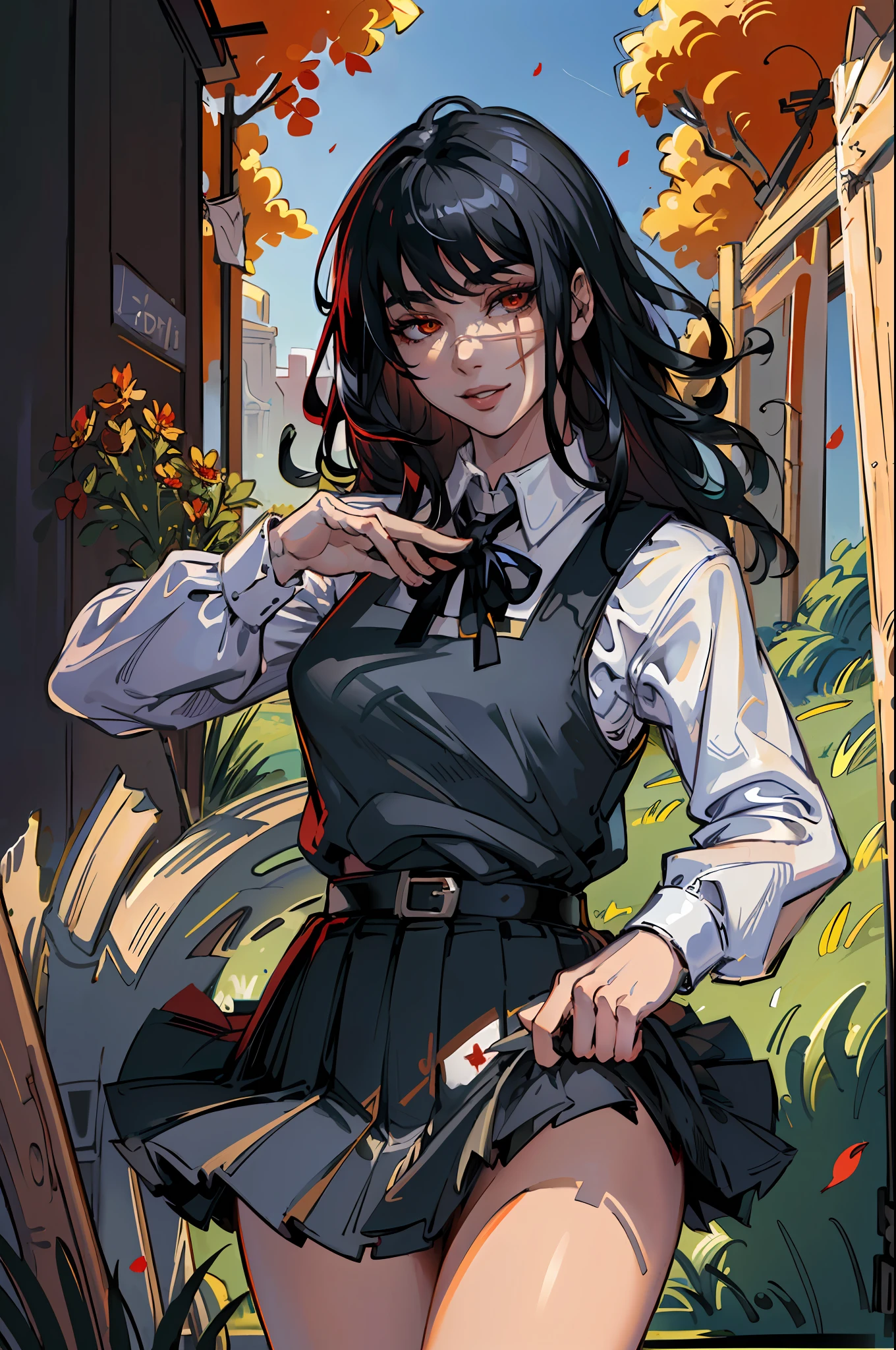 (masterpiece, best quality), yoru, 1girl, long hair, red eyes, scar on face, ringed eyes, curvy, makeup, cute pose, cute, looking at viewer, smile, :D, cute pose, (detailed ladscape, (detailed background),detailed landscape, (dynamic angle:1.2), (dynamic pose:1.2), (rule of third_composition:1.3), (Line of action:1.2), wide shot, daylight, solo, (masterpiece:1.2), (best quality, highest quality), (ultra detailed), (8k, 4k, intricate),(full-body-shot), (Cowboy-shot:1.4), (50mm), (highly detailed:1.2),(detailed face:1.2), detailed_eyes,(gradients),(ambient light:1.3),(cinematic composition:1.3),(HDR:1),Accent Lighting,extremely detailed CG unity 8k wallpaper,original, highres, pinafore dress, black belt, black ribbon, smile, dark background, red flower, looking at viewer, blood, (wallpaper), (8k hd), black belt, blood drops, (holding red flower:1.2), petals,