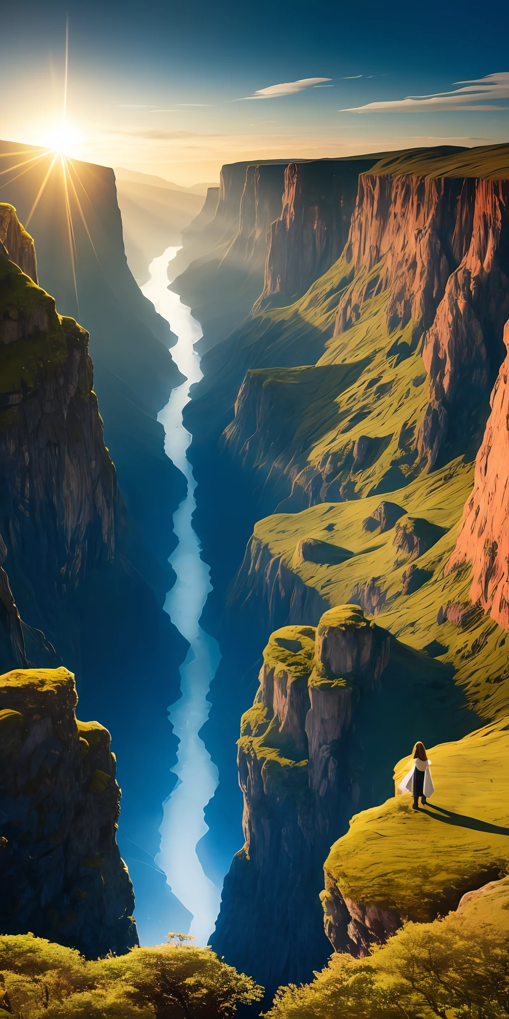 Create a mesmerizing scene that connects deeply with the viewer, evoking a range of emotions and leaving an indelible impact without relying on words. Use a vibrant, contrasting color palette to intensify the visual impact. Describe a lone figure on the edge of a breathtaking cliff overlooking a vast and awe-inspiring landscape. Let the figure's posture and facial expression convey a mixture of wonder, contemplation, and a touch of melancholy. Surround the scene with elements of nature, such as swirling clouds, distant mountains or a waterfall, to enhance the immersive experience. Infuse the atmosphere with a touch of magic or mystery, perhaps through subtle glowing orbs or ethereal light. Allow the scene's composition and details to captivate the viewer and invite them on an emotional journey that lingers in their thoughts long after they've seen the artwork. centered, intricate, volumetric lighting, beautiful, sharp focus, ultra detailed ,Image Size: 960 x 536