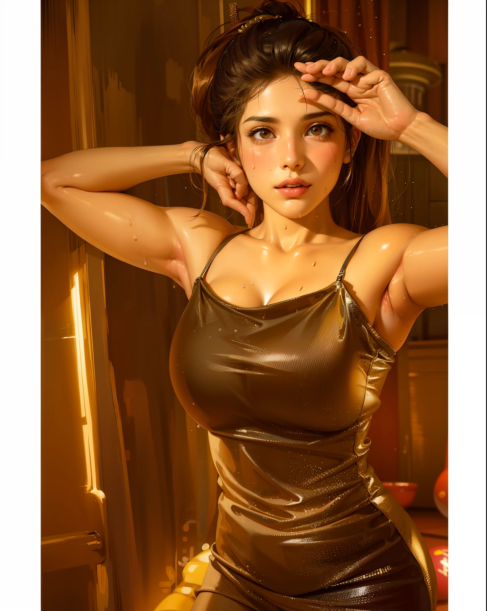 masterpiece:1.2, best quality), realistic, (real picture, intricate details, depth of field), (1girl, solo), make up, parted lips, highly-detailed, perfect face, (huge breasts:1.4), (skindentation), thick thighs, wide hips, small waist, tall, glossy coral lips, red hairs, red eyes, ponytail, (A girl playing volleyball, white volleyball uniform), (sweating:1.2), (wet), sexy, blushing,