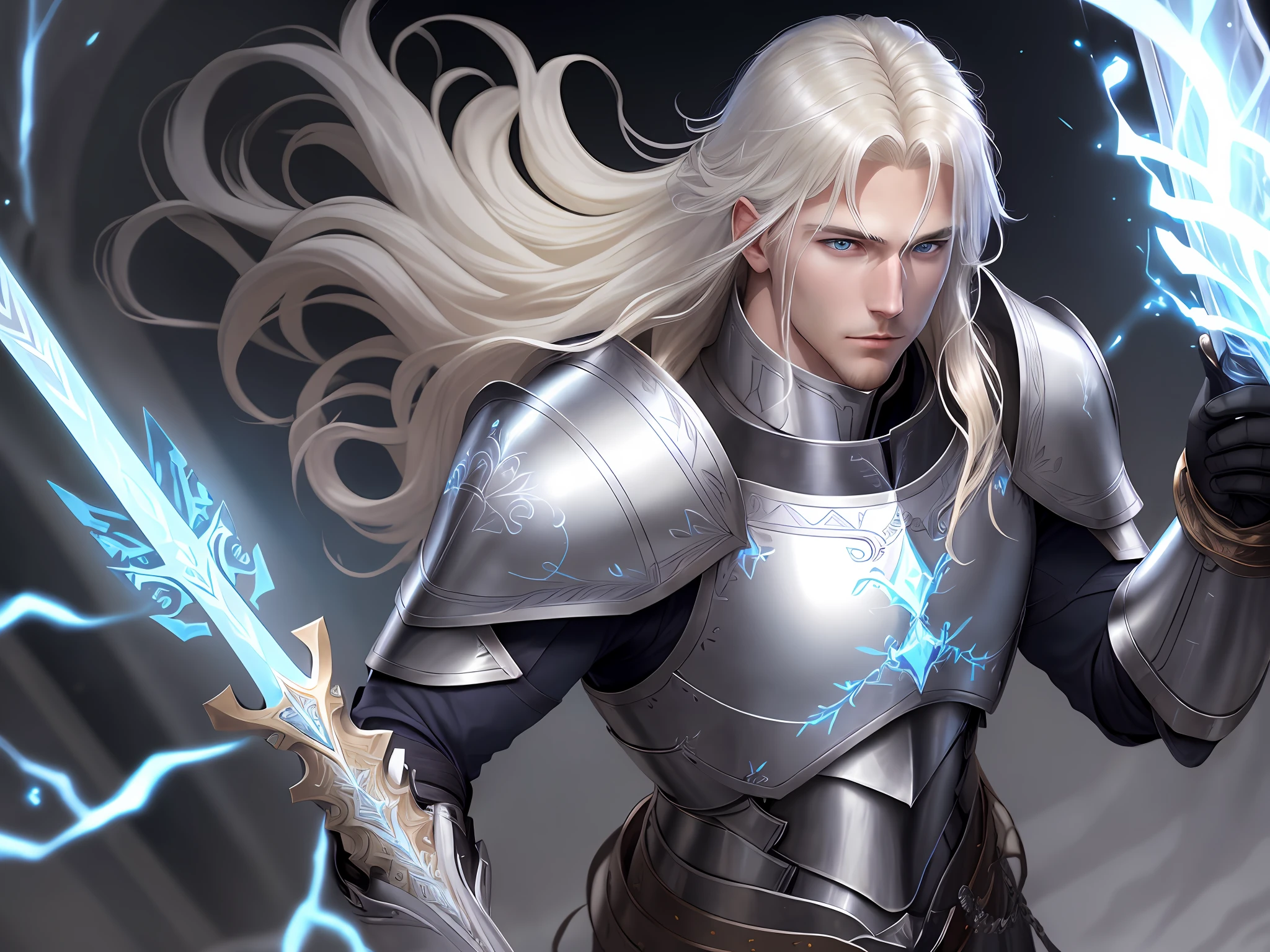 1 man, paladin, blond hair, long, softly shining lightning blue eyes, highly ornamented bronze and white steel plate armor, silver collar and white cloth, an opal stone on his chest, a white bastard sword laid ready from him.