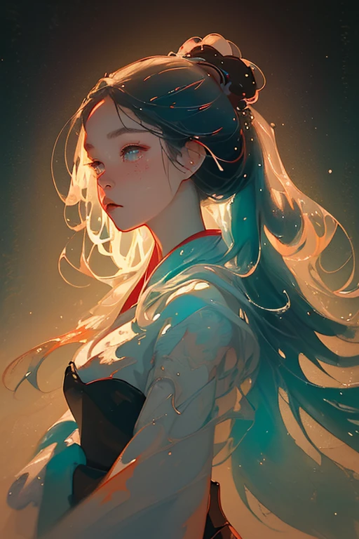 melting, abstract, [ 1girl,from side,hanfu,chinese robe, ],splash,hyper detailed,backlighting,sand, water,black background, dust clodust,water splash, (((Ink painting style))) ,[: beautiful detailed eyes and face:0.2], /// (best quality),(masterpiece),extremely detailed CG unity 8k wallpaper,),an extremely delicate and beautiful,epic,vivid