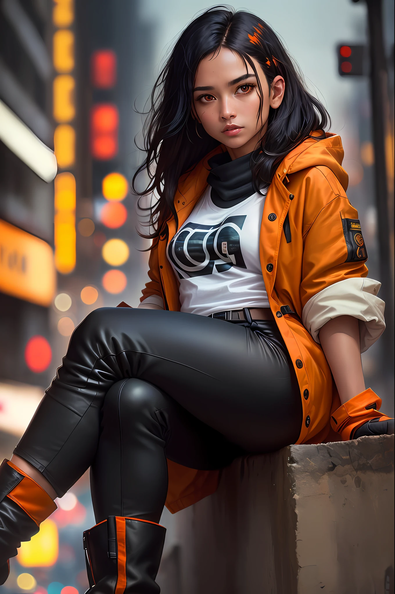 sitting position, female, ((age 40)), black, (orange skin tone), (short long hair: 1.3), white wavy hair, emo: 1.1, (white T-shirt inside red coat, baggy pants, black boots, blade runner cyberpunk fashion), street background, (full black eye, yellow pupil), best quality, extremely detailed, studio quality, Alex Maleev, professional, canon camera, nikon camera, sharp, bokeh, panoramic, by Robert Capa