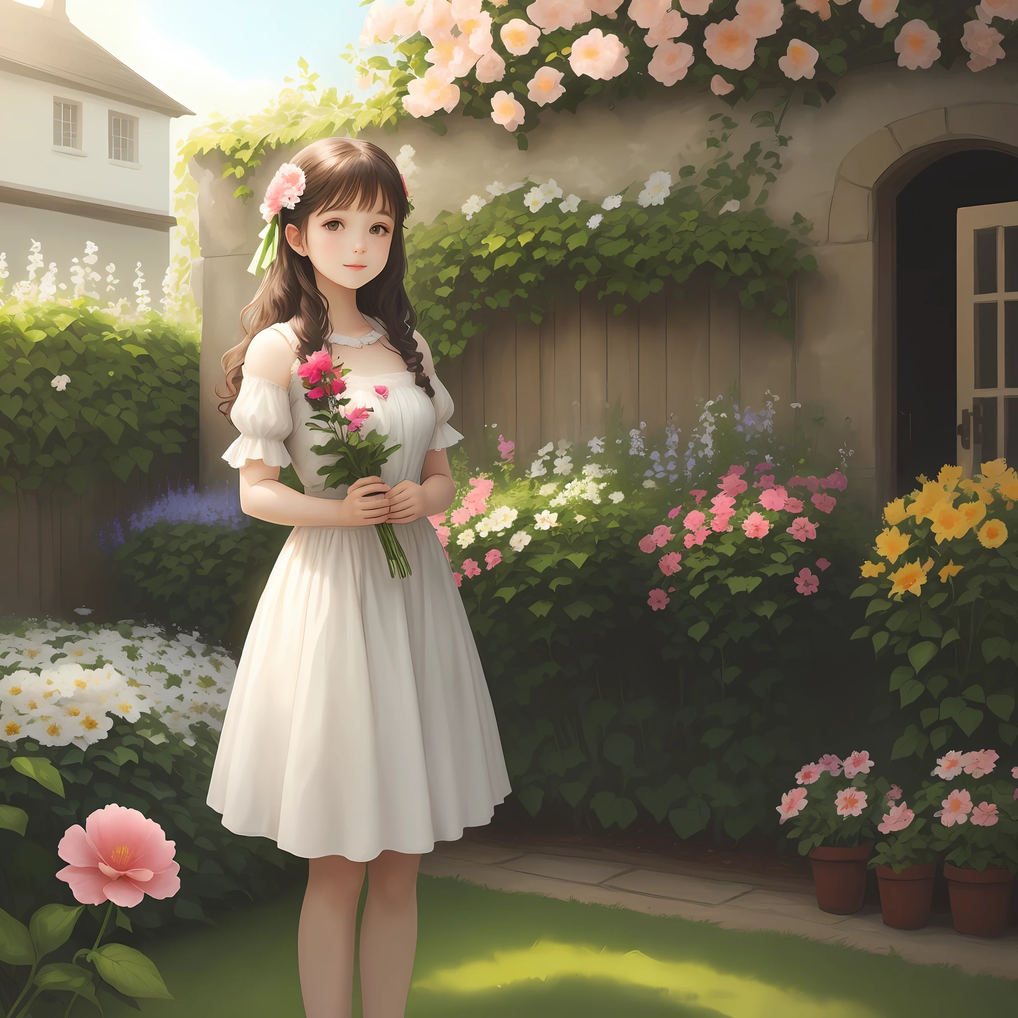 A beautiful girl in a garden with a flower in her hand