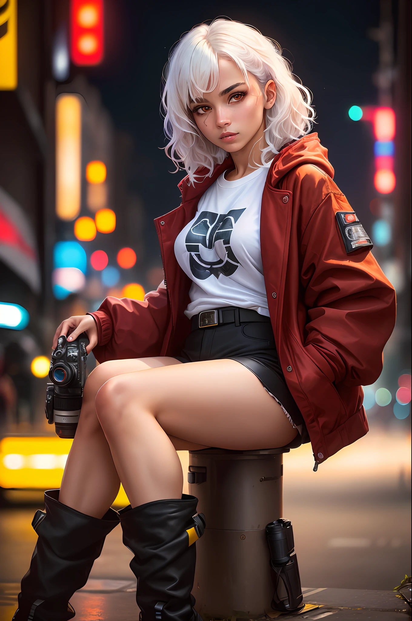 sitting position, (female, 40 years old), (black female), (short long hair: 1.3), (white wavy hair), emo: 1.1, (white T-shirt inside red coat, baggy pants, black boots, cyberpunk fashion by blade runner), street background, (full black eye, yellow pupil), best quality, extremely detailed, studio quality, Alex Maleev, professional, canon camera, nikon camera, sharp, bokeh, panoramic, by Robert Capa