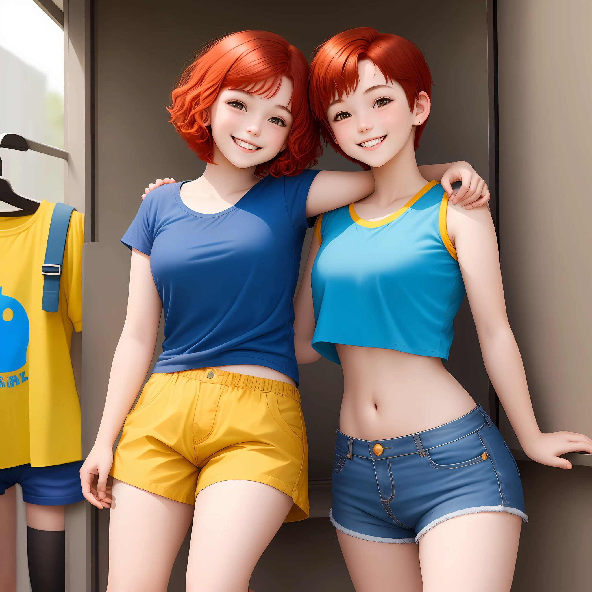 A  girl with short red hair and blue shirt and yellow shorts happy and smiling