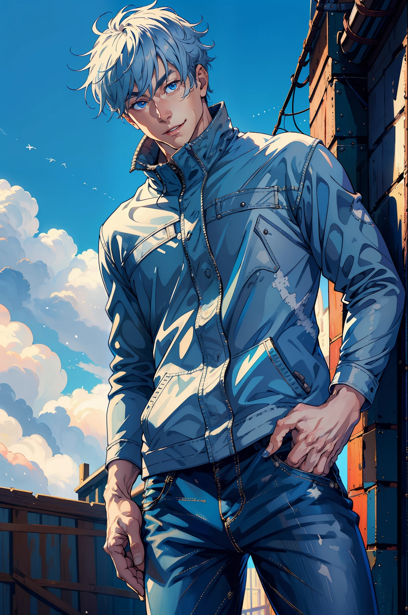(masterpiece, best quality:1.2), cowboy shot, solo, male focus, 1boy, gojo satoru, smile, hands in pockets,white eyelashes,light blue eyes,close up shot , black jacket, highest quality digital art
