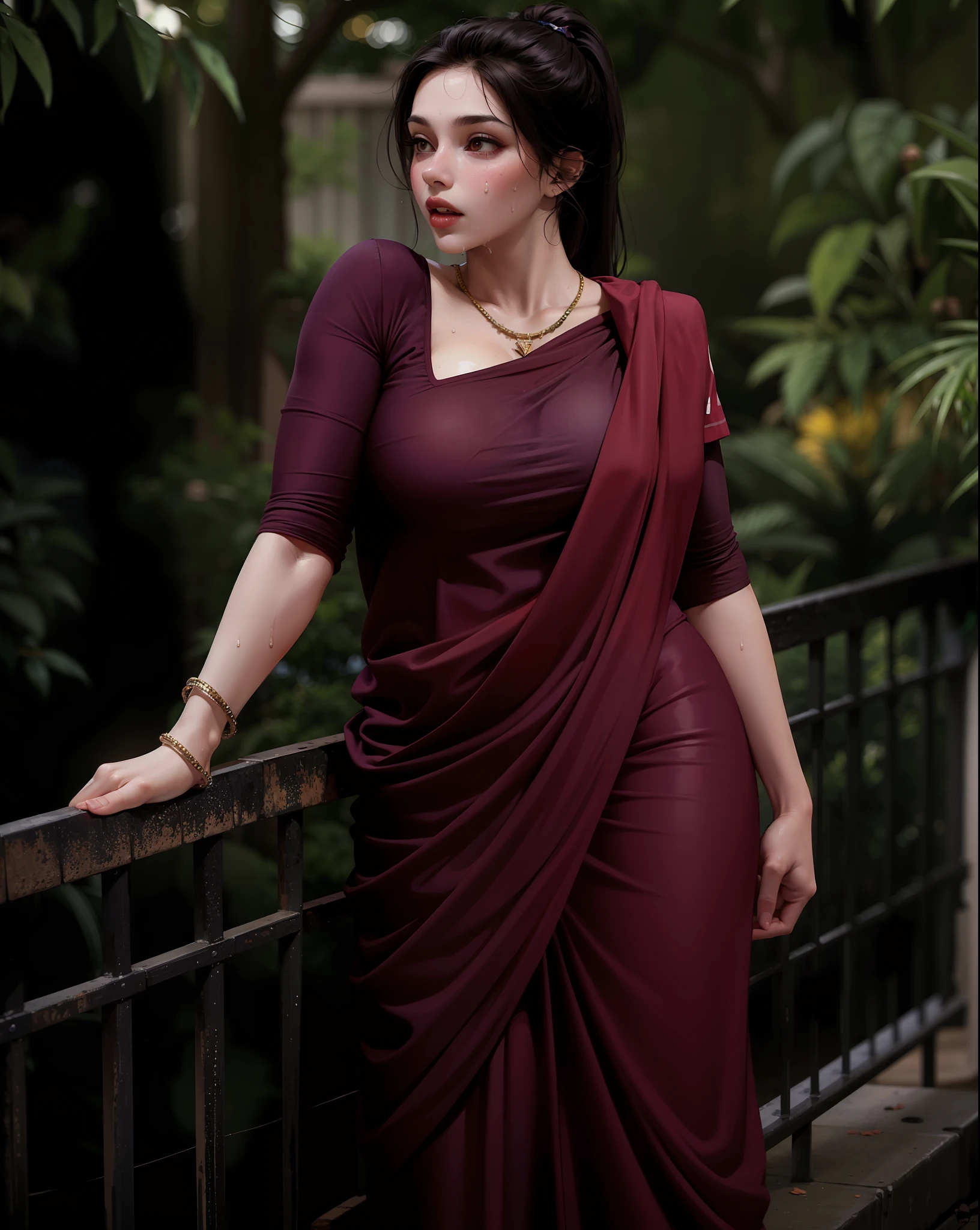 masterpiece:1.2, best quality), realistic, (real picture, intricate details, depth of field), (1girl, solo), make up, parted lips, highly-detailed, perfect face, (huge :1.4), (skindentation), thick thighs, wide hips, small waist, tall, glossy coral lips, red hairs, red eyes, ponytail, (A girl playing volleyball, white volleyball uniform), (sweating:1.2), (wet), sexy, bhing,