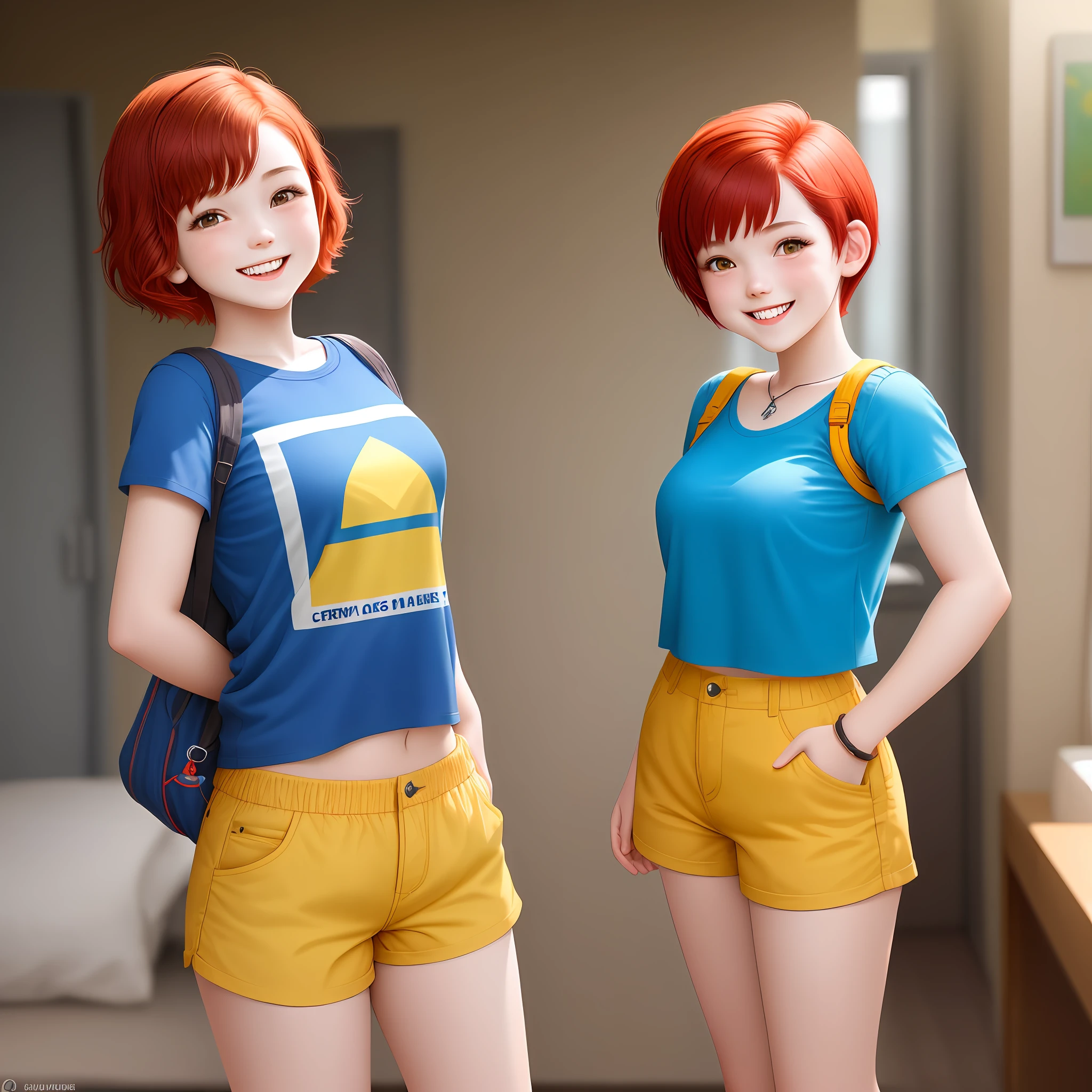 A girl with short red hair and blue shirt and yellow shorts happy and smiling