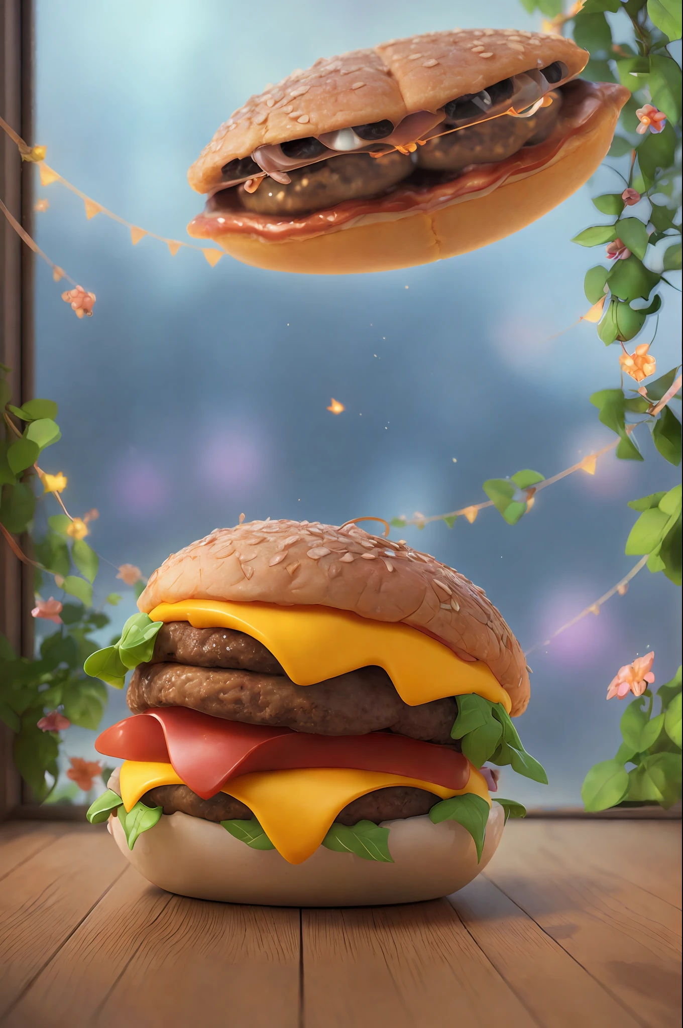 ((best quality)), ((masterpiece)), (detailed), MOCKUP of juicy cheeseburger fluffy and in fun pose in pixar style, foodmade, smash, delicious, Irresistible, golden ratio symmetry, color studio photography centered, vibrant and appetizing colors, mouth-watering details, charming textures, cheerful and inviting atmosphere, whimsical background elements complementing the story, comic style, professional color grading, photo studio window lighting, sharp focus, two tone, advertising, octane, unreal, pixar style high resolution food photography, masterpiece, ultra detailed, highly detailed, high definition, perfect composition, intricate, cute and beautiful, sharp features, pixar style commercial photography, beautiful detailed intricate octane insanderization trending in the artstation pixar style, award winning photography, sharp detail, high resolution, stock photo, all pixar style, (fantasy illustration: 1.3), (high resolution: 1.2)