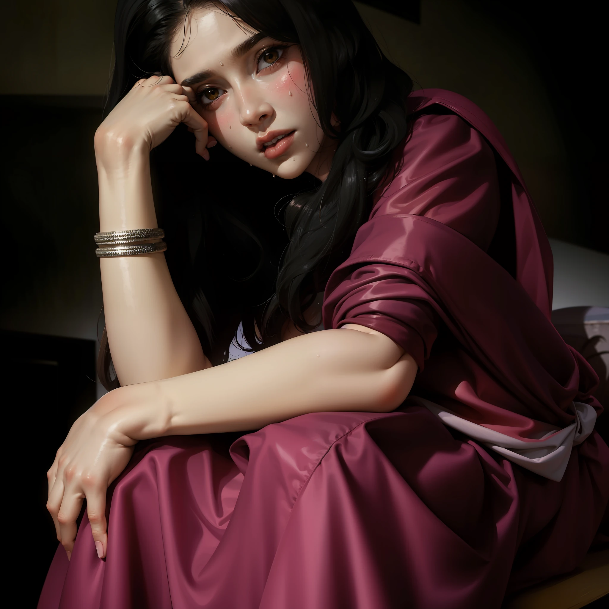 masterpiece:1.2, best quality), realistic, (real picture, intricate details, depth of field), (1girl, solo), make up, parted lips, highly-detailed, perfect face, (huge breasts:1.4), (skindentation), thick thighs, wide hips, small waist, tall, glossy coral lips, red hairs, red eyes, ponytail, (A girl playing volleyball, white volleyball uniform), (sweating:1.2), (wet), sexy, blushing,