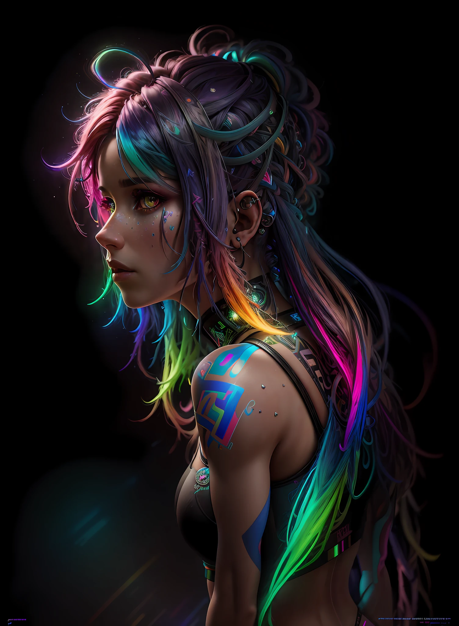 Neon on rainbow hair, (((Scottish))), photorealistic painting ((full athletic body)) portrait of woman, intricate, 8k, highly detailed, volumetric lighting, digital painting, sharp and intense focus, artwork by artgerm e rutkowski and alphonse mucha, cgsociety