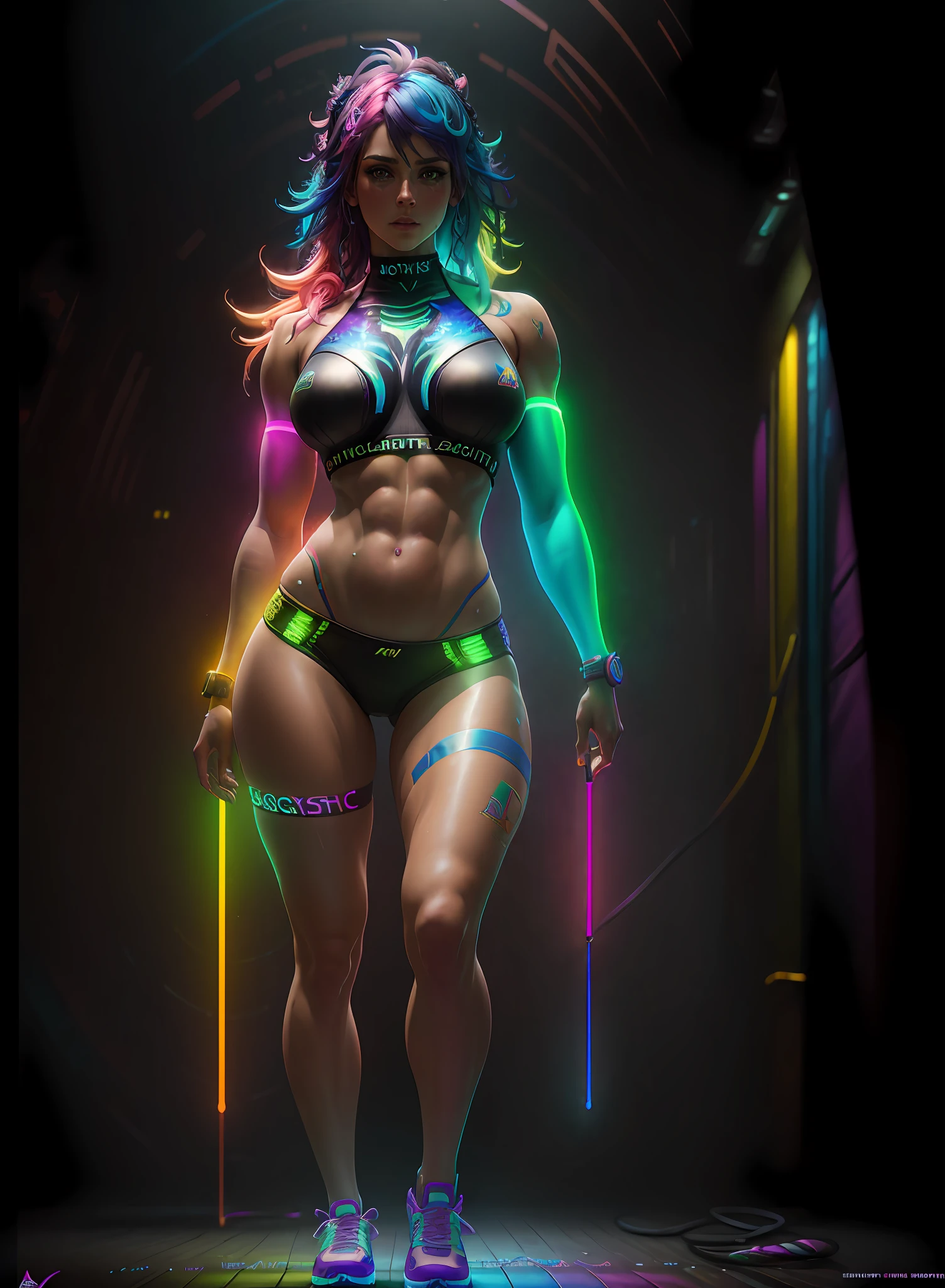 Neon on rainbow hair, (((Scottish))), photorealistic painting ((full athletic body)) portrait of woman, intricate, 8k, highly detailed, volumetric lighting, digital painting, sharp and intense focus, artwork by artgerm e rutkowski and alphonse mucha, cgsociety