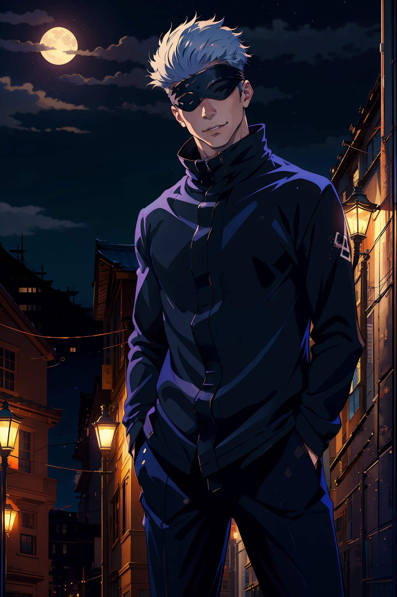 (masterpiece, best quality:1.2), cowboy shot, solo, male focus, 1boy, gojo satoru, smile, hands in pockets, blindfold, black jacket, highest quality digital art, rtx, ray tracing,night, moonlight,on top of a building, night lights,city