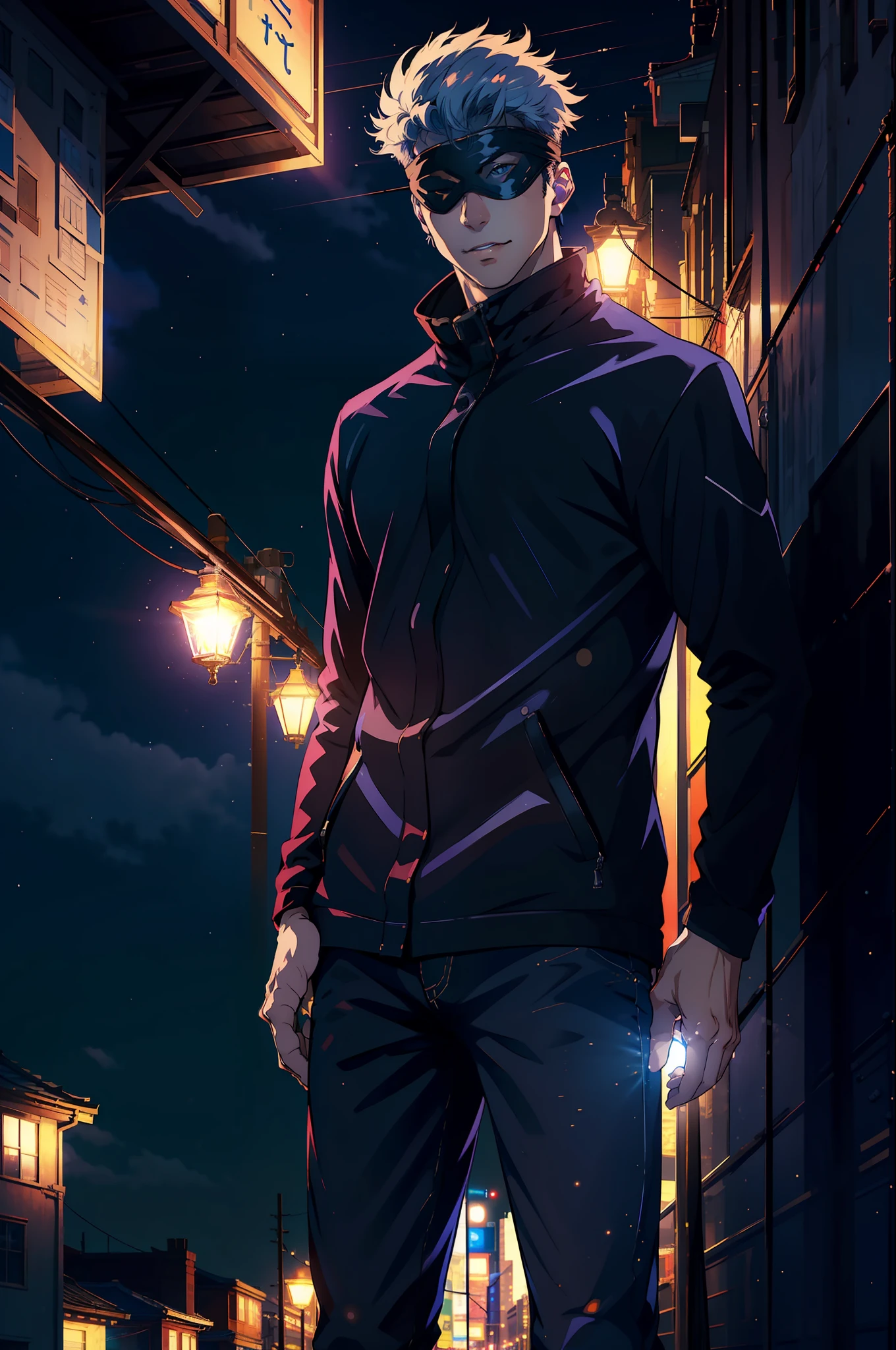 (masterpiece, best quality:1.2), cowboy shot, solo, male focus, 1boy, gojo satoru, smile, hands in pockets, blindfold, black jacket, highest quality digital art, rtx, ray tracing,night, moonlight,on top of a building, night lights,city
