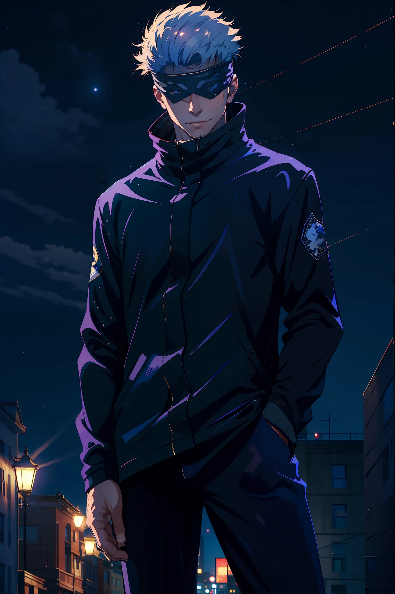 (masterpiece, best quality:1.2), cowboy shot, solo, male focus, 1boy, gojo satoru, smile, hands in pockets, blindfold, black jacket, highest quality digital art, rtx, ray tracing,night, moonlight,on top of a building, night lights,city