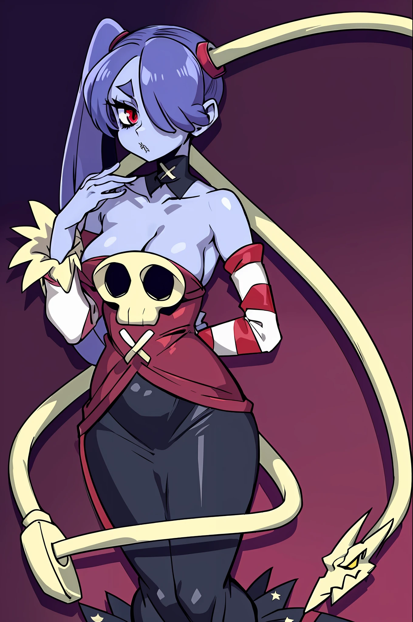 ecchi nsfw,ahegao, ecchi anime style (in lingerie, ecchi anime style, full body art, ecchi style, anime character; full body art, realistic - anime, ecchi, anime arts, seductive anime, high quality, best quality: 1.3)), wavy, 1 , solo, small breasts, looking at viewer, bare shoulders, open sleeves, hair over one eye, red eyes, side ponytail, a ponytail, loose collar, skull, ( (blue skin)), stitches, zombie, striped sleeves, stitched mouth, extremely detailed, highly detailed, perfect face, beauty, perfect eyes, ((skeletal arm, vivid tails, big butt, big lips)), baggy eyes, makeup , big eyelashes, cute, adorable, serious, ((leviathan: 1.3)), full body, (long skirt), in lingerie, ecchi anime style, full body art, ecchi style, anime character; full body art, realistic - anime, ecchi, anime arts, seductive anime girl, beautiful anime woman,underwear only,arm behind back