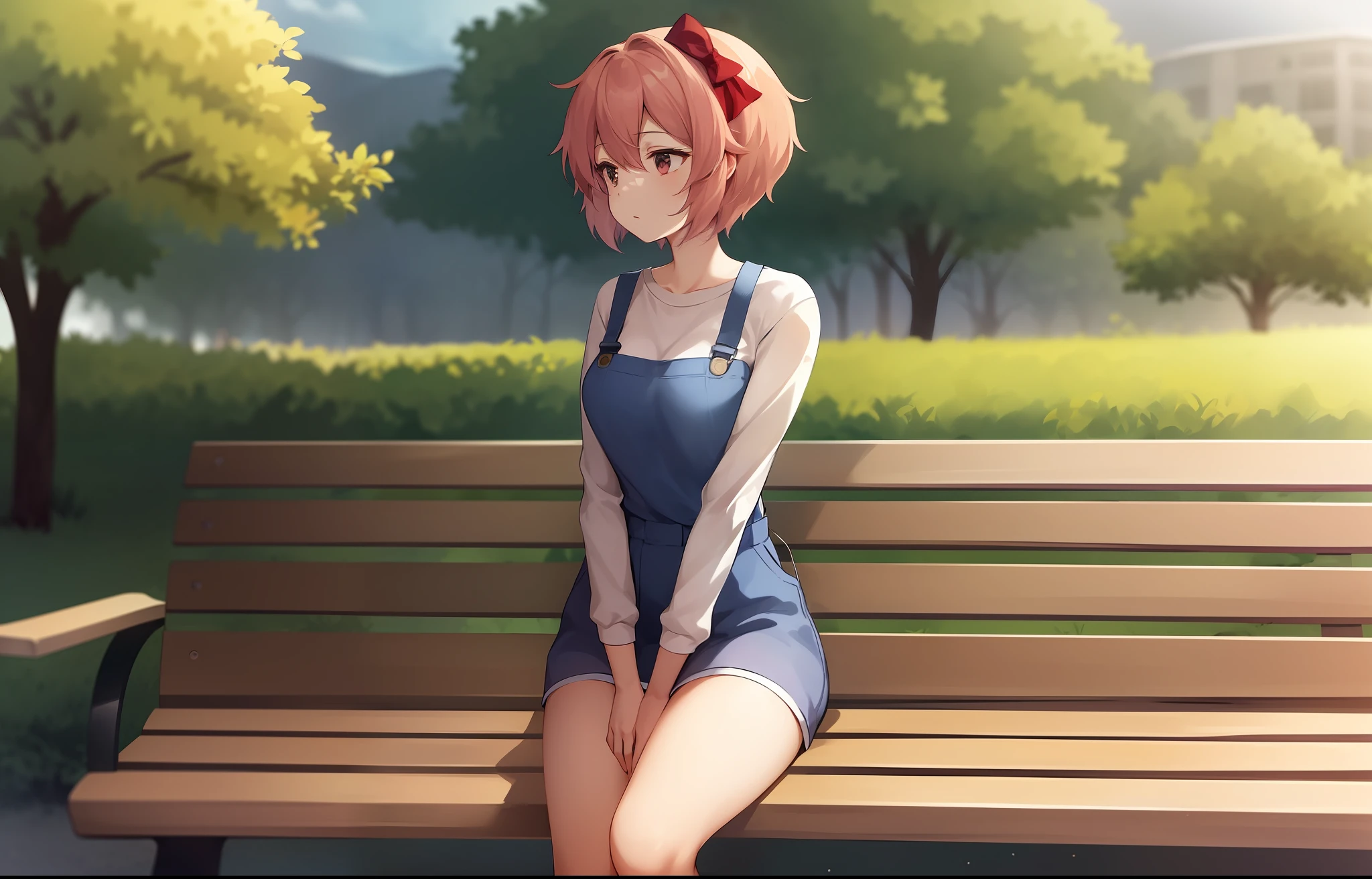 Sayori Ella is a youthful-looking girl with short, pale pink hair. In this specific scene, she can be pictured sitting on a park bench during the day, wearing a white sweatshirt that covers her shoulders and part of her arms. His expression is kind and relaxed, as if he is enjoying a quiet moment alone. Your legs may be crossed or you may be swinging your feet as you look around. Overall, Sayori conveys a sense of serenity and peace in this image.