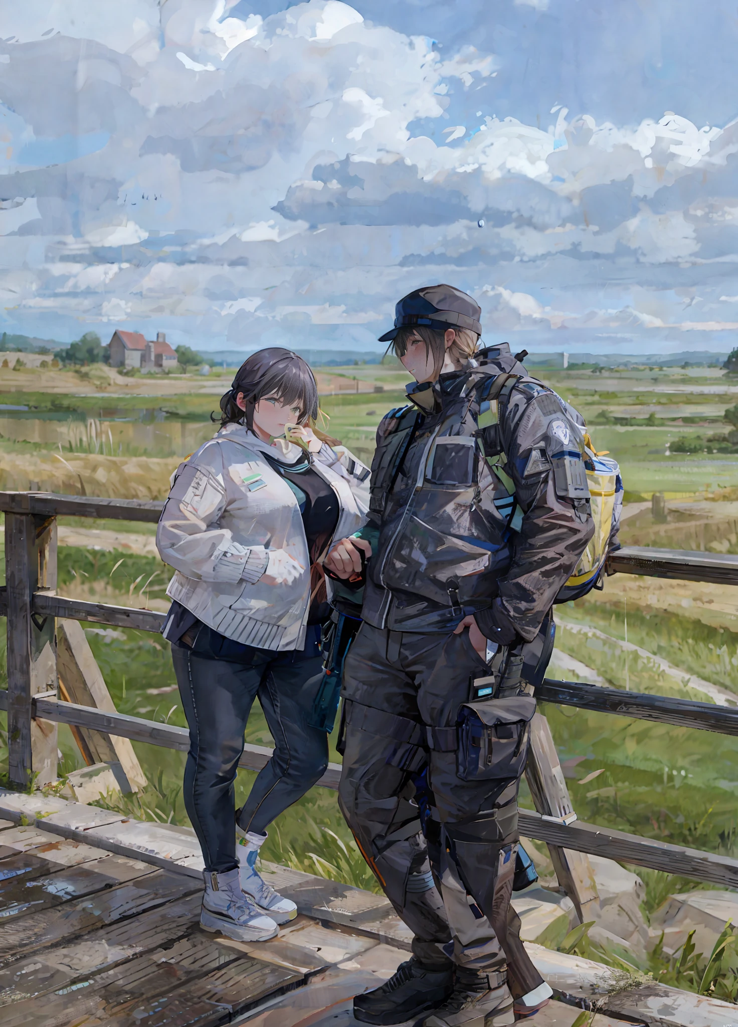 there are two people standing on a bridge with a view of a field, wearing dirty travelling clothes, in a scenic background, with village, in the countryside, photo taken with nikon d 7 5 0, photo taken with nikon d750, vacation photo, on a bridge, shot on sony a 7 iii, a portrait, green fields in the background