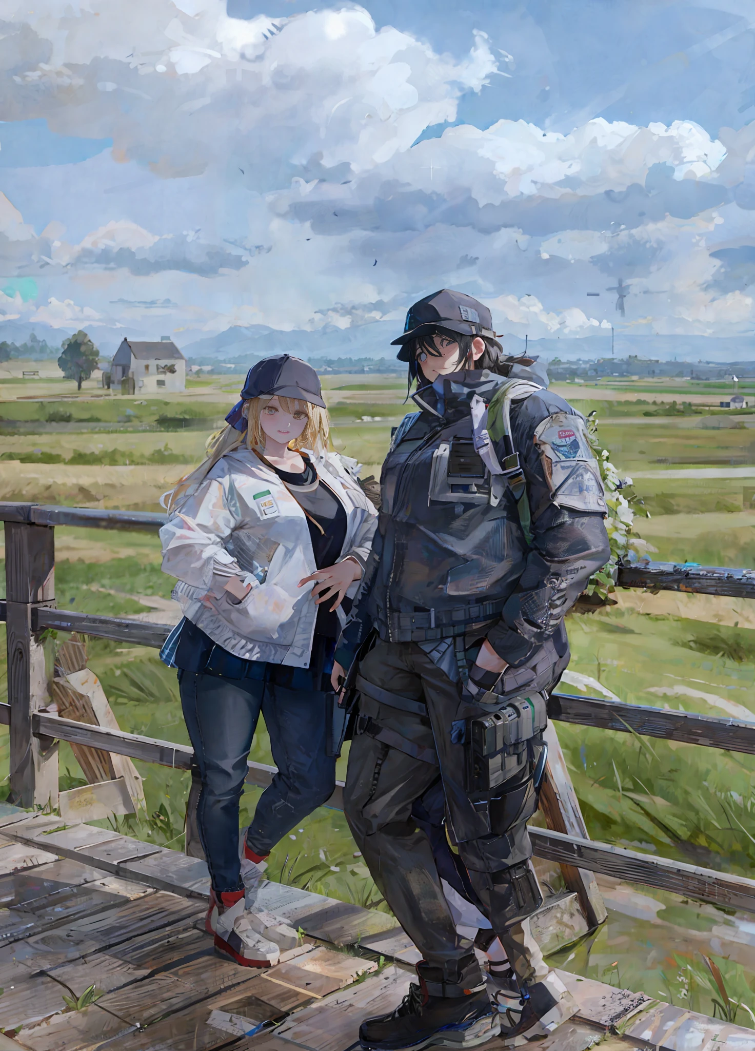 there are two people standing on a bridge with a view of a field, wearing dirty travelling clothes, in a scenic background, with village, in the countryside, photo taken with nikon d 7 5 0, photo taken with nikon d750, vacation photo, on a bridge, shot on sony a 7 iii, a portrait, green fields in the background