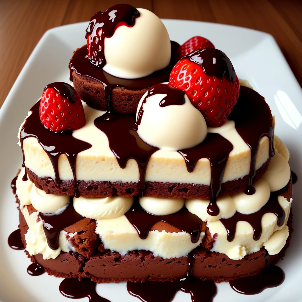 brownie with ice cream, chocolate sauce, strawberries on top