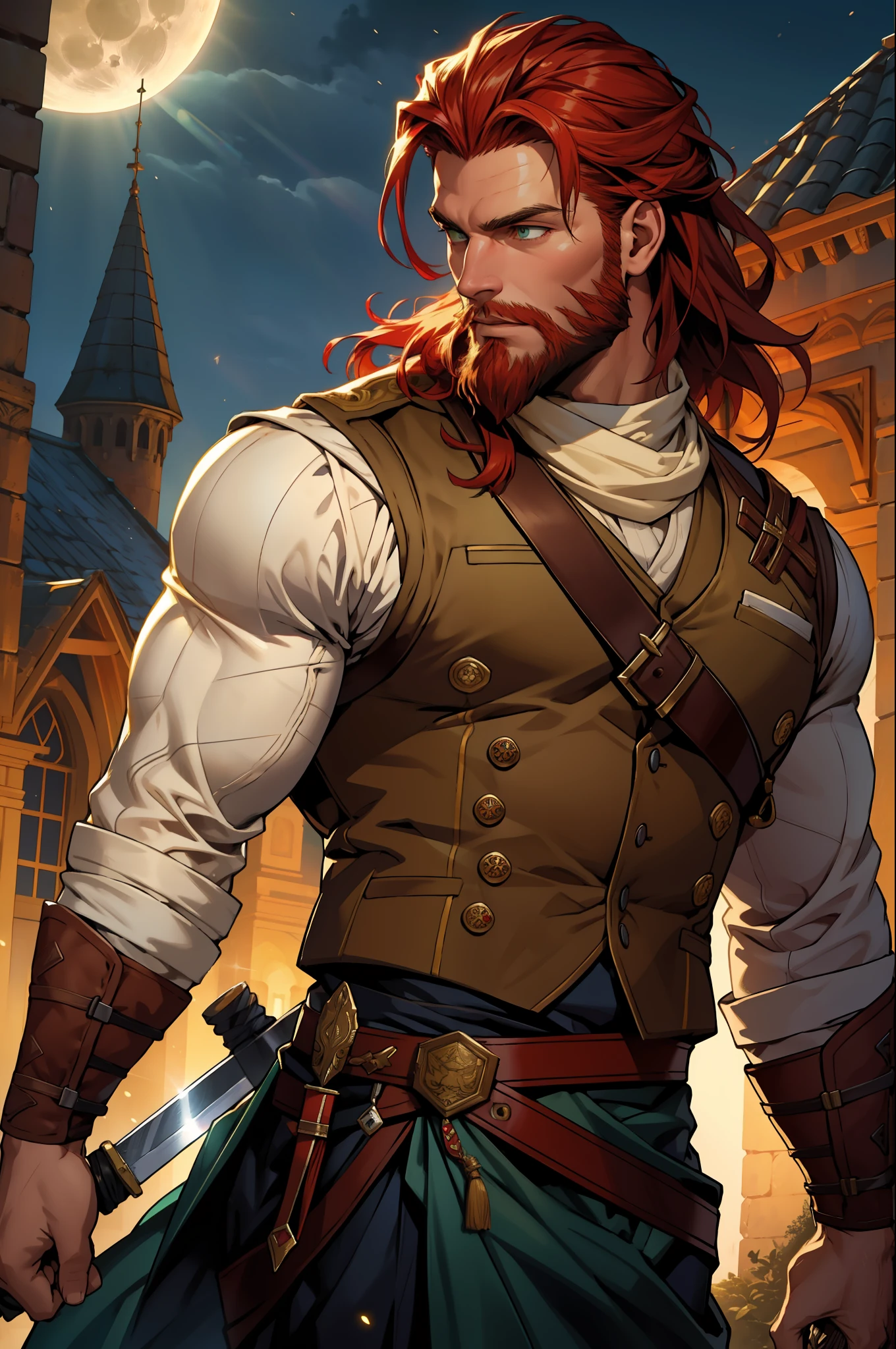 muscular handsome man with red hair and beard, green eyes, dynamic pose, sword, knight, realistic, masterpiece, high resolution, (luminous particles: 1,3), moonlight, lens flare, (cinematic light), illustration, royal family, [: (detailed face: 1,2): 0,2], detailed, detailed clothing, (detailed background: 1.3), dynamic pose, 30 years old, concept art, splashchart