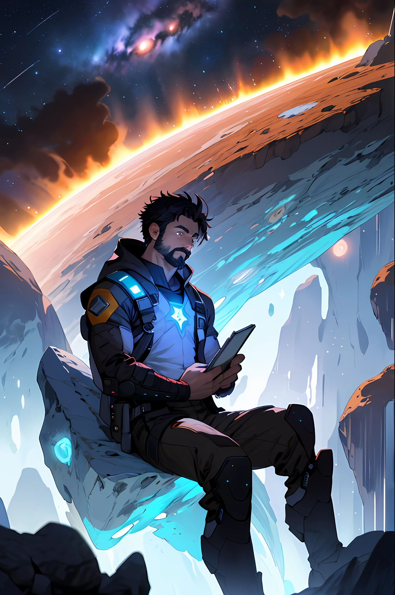 Draw a young programmer, sitting on a research platform floating in the middle of an asteroid belt. He is studying with a notebook, surrounded by several asteroids glowing with fiery auras. Dramatic lighting from distant stars and planets illuminates the scene, casting deep shadows on the suit. The young man looks confident and determined, looking at the vast and mysterious universe with wonder and respect,facial hair, cowboy shot,