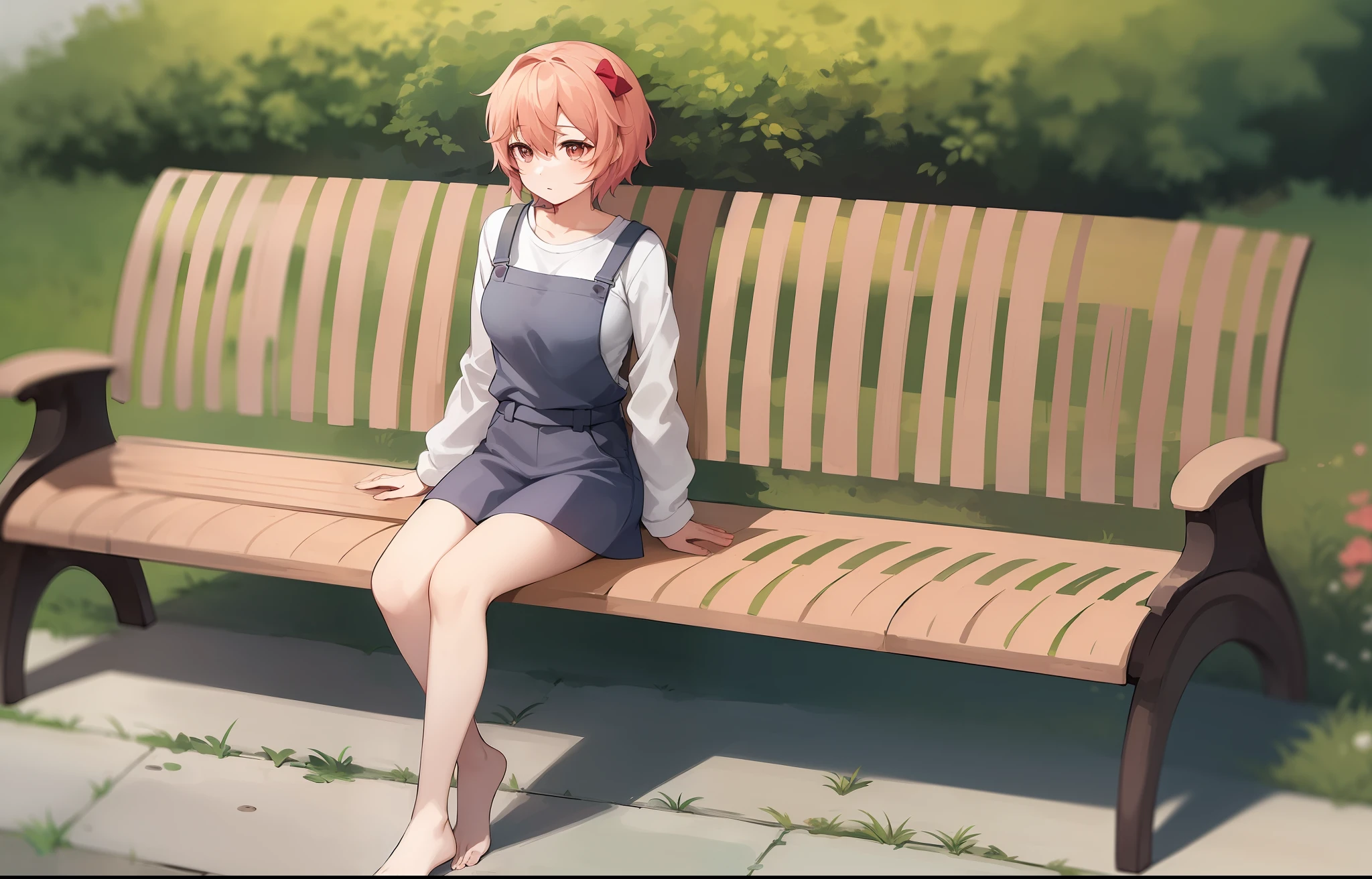 Sayori Ella is a youthful-looking girl with short, pale pink hair. In this specific scene, she can be pictured sitting on a park bench during the day, wearing a white sweatshirt that covers her shoulders and part of her arms. His expression is kind and relaxed, as if he is enjoying a quiet moment alone. Your legs may be crossed or you may be swinging your feet as you look around. Overall, Sayori conveys a sense of serenity and peace in this image.