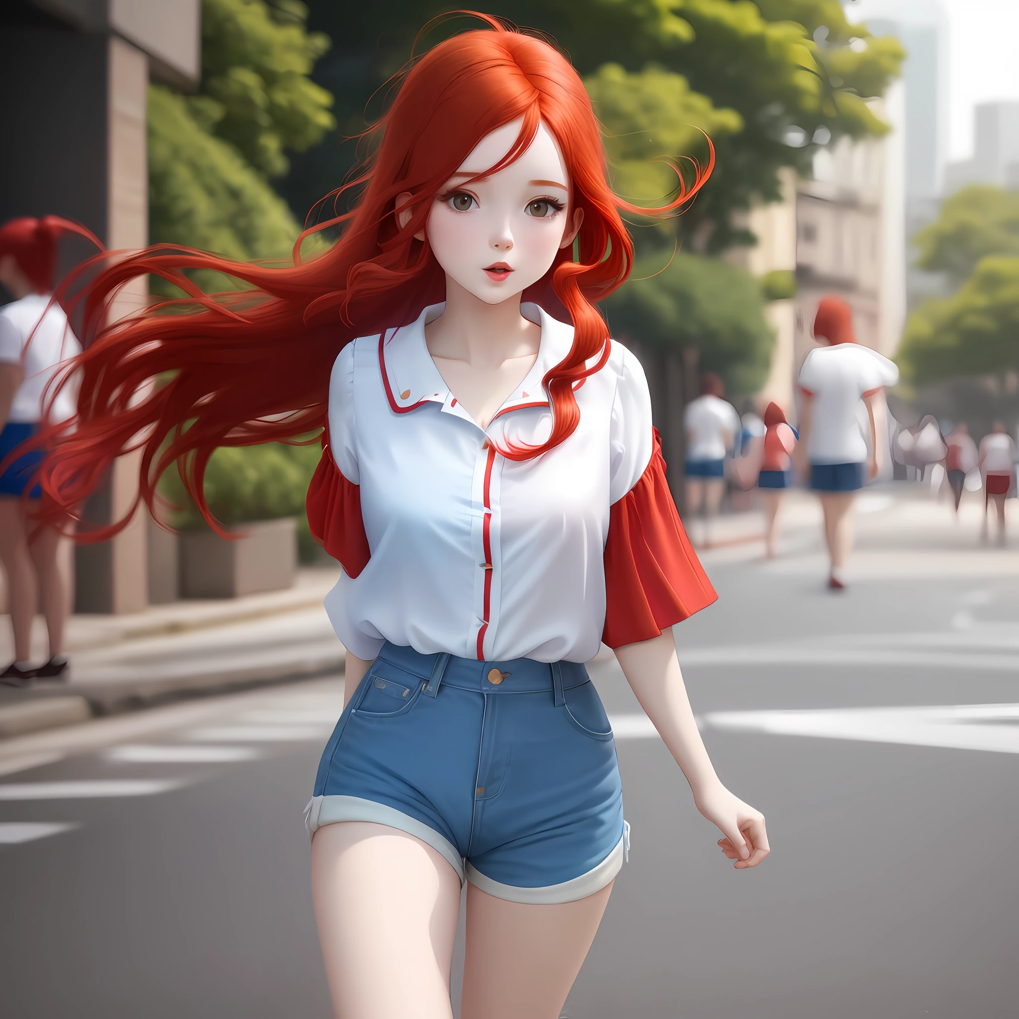 Girl animation red hair blue blouse white shorts walking