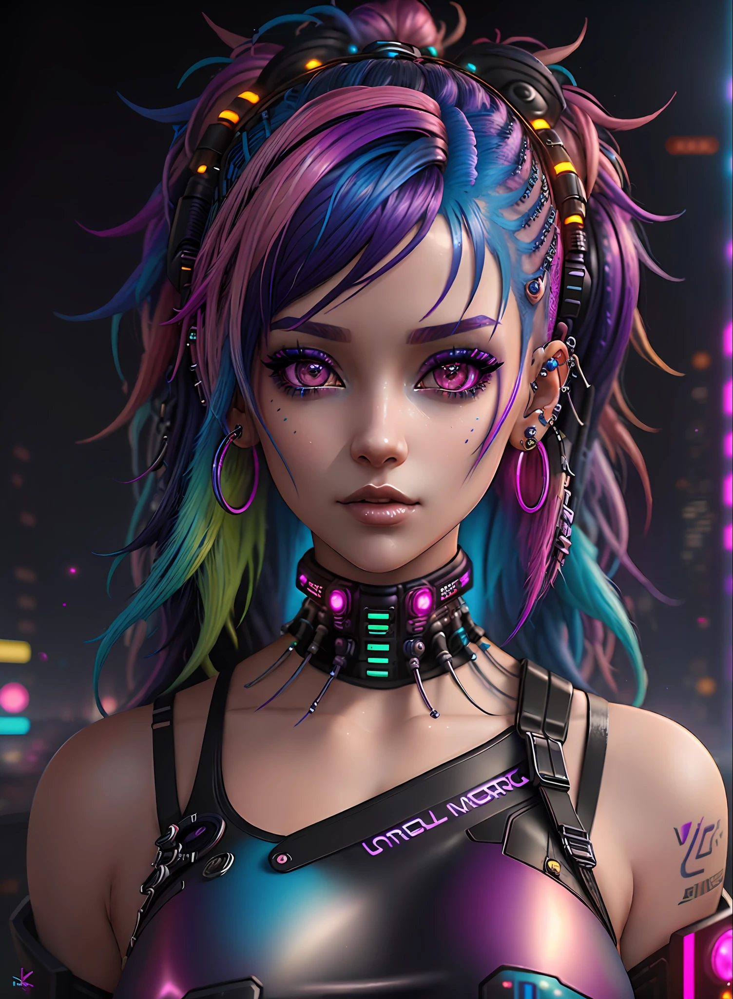 a close up of a woman with colorful hair and piercings, dreamy cyberpunk girl, 4k highly detailed digital art, stunning digital illustration, 8k stunning artwork, colorfull digital fantasy art, colorful and dark, beautiful digital artwork, colorful digital painting, digital cyberpunk anime art, glowwave girl portrait, 8k hd wallpaper digital art, gorgeous digital painting