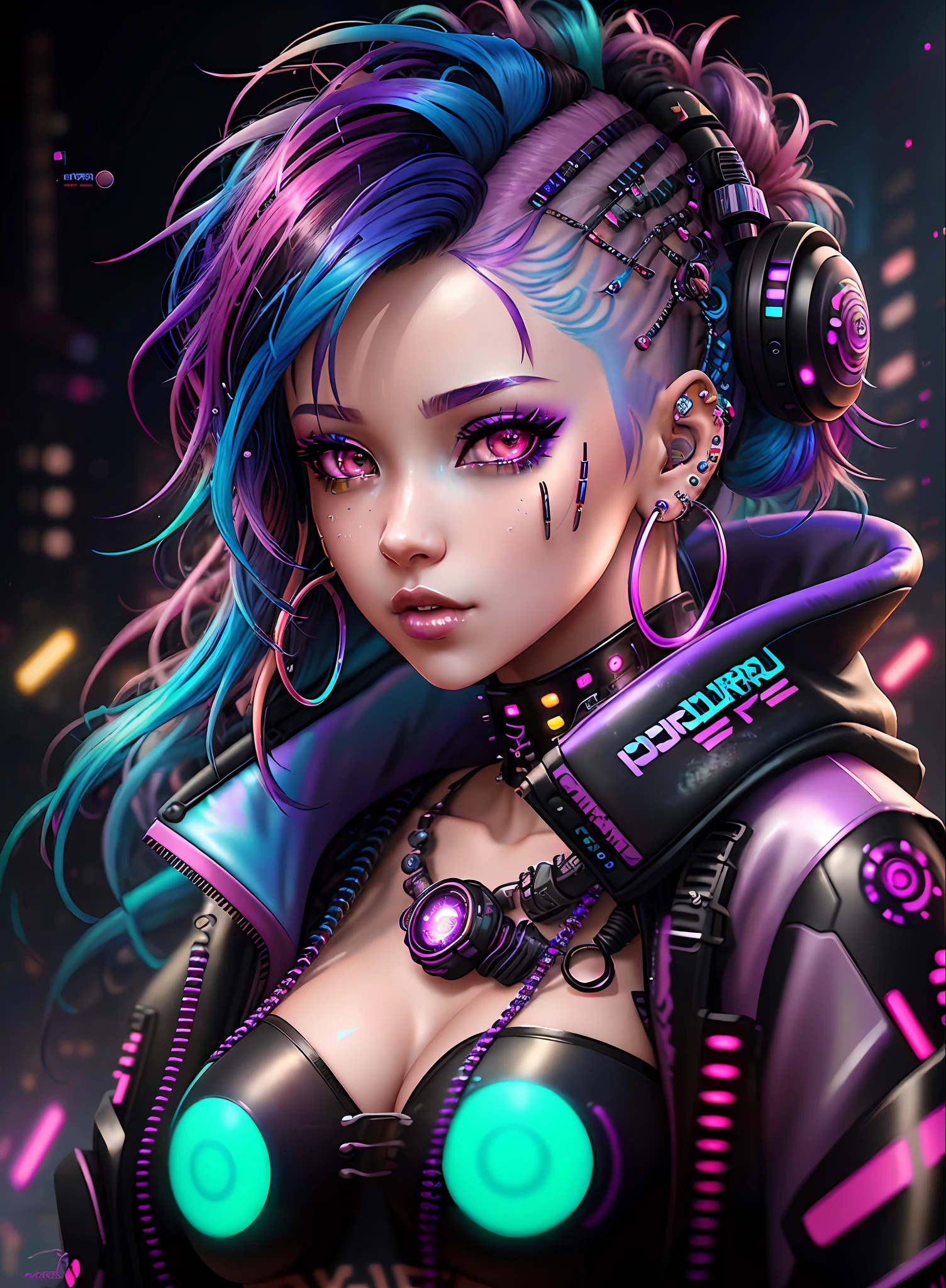 a close up of a woman with colorful hair and piercings, dreamy cyberpunk girl, 4k highly detailed digital art, stunning digital illustration, 8k stunning artwork, colorfull digital fantasy art, colorful and dark, beautiful digital artwork, colorful digital painting, digital cyberpunk anime art, glowwave girl portrait, 8k hd wallpaper digital art, gorgeous digital painting