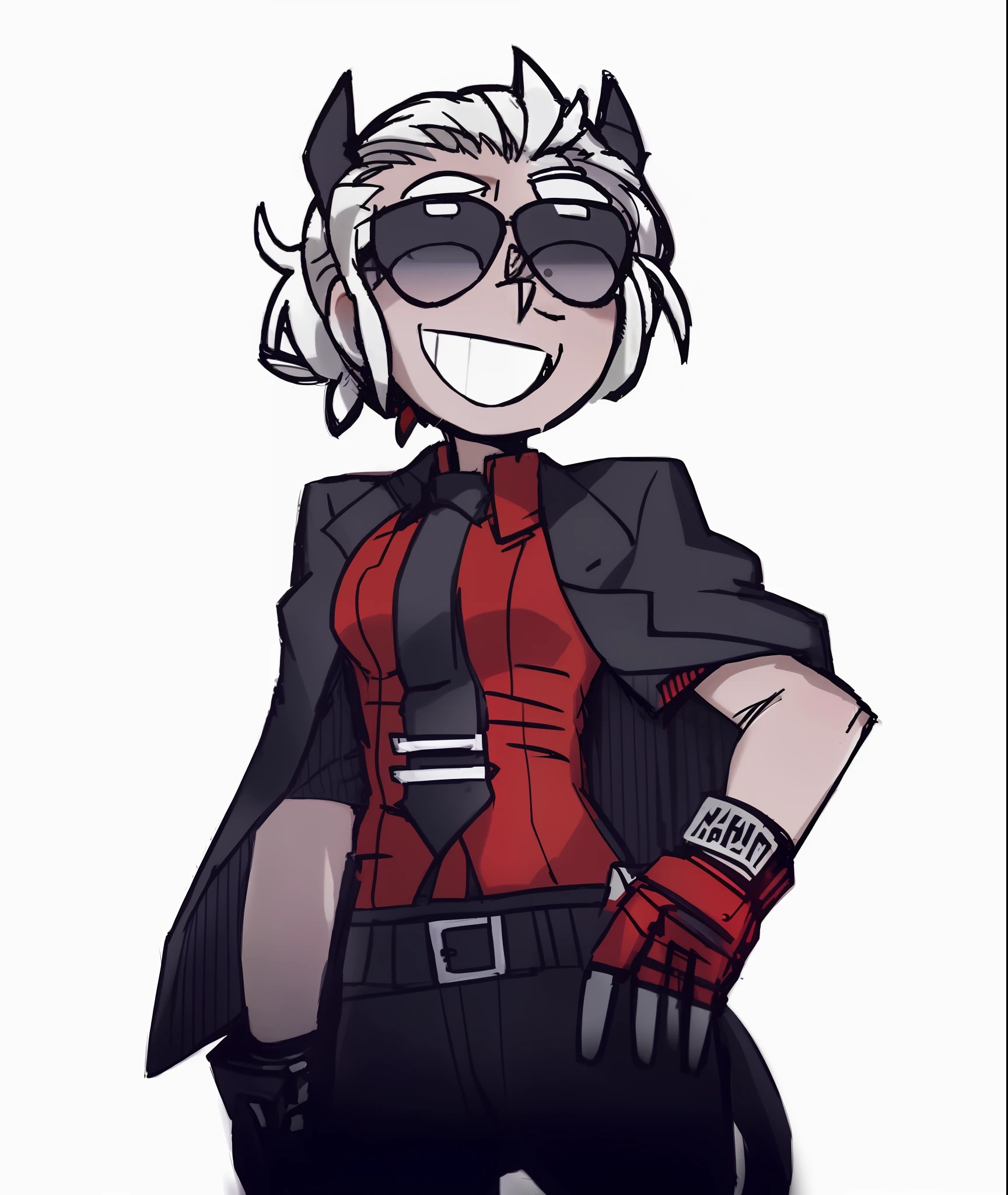 a closeup of a cartoon character in a suit and tie, Justice((\Helltaker\)), jett from valorant, sprite 2d, badass pose, anime style 2d, persona 5 inspired, avatar for website, [[[[ grinning evily]]]], in the style of sifu 🔥 😎 🕹️ 👀 :2, trigger anime artstyle, high quality fanart