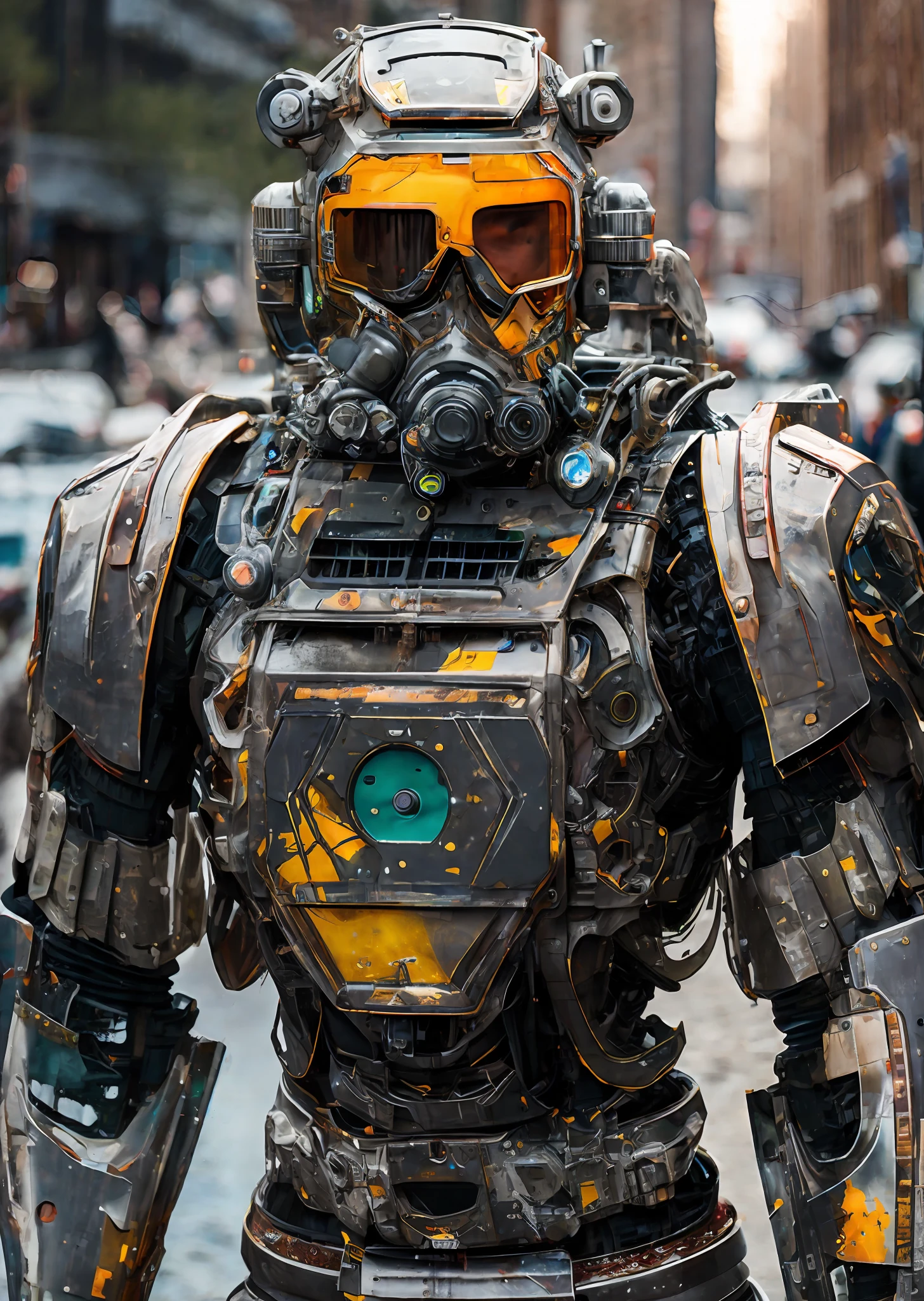 Portrait photo of transparent camo worn mech suit, ((light bokeh)), intricate, ((translucent) liquid water [rust]), elegant, sharp focus, photo by greg rutkowski, soft lighting, vibrant colors, masterpiece, ((streets)), detailed face