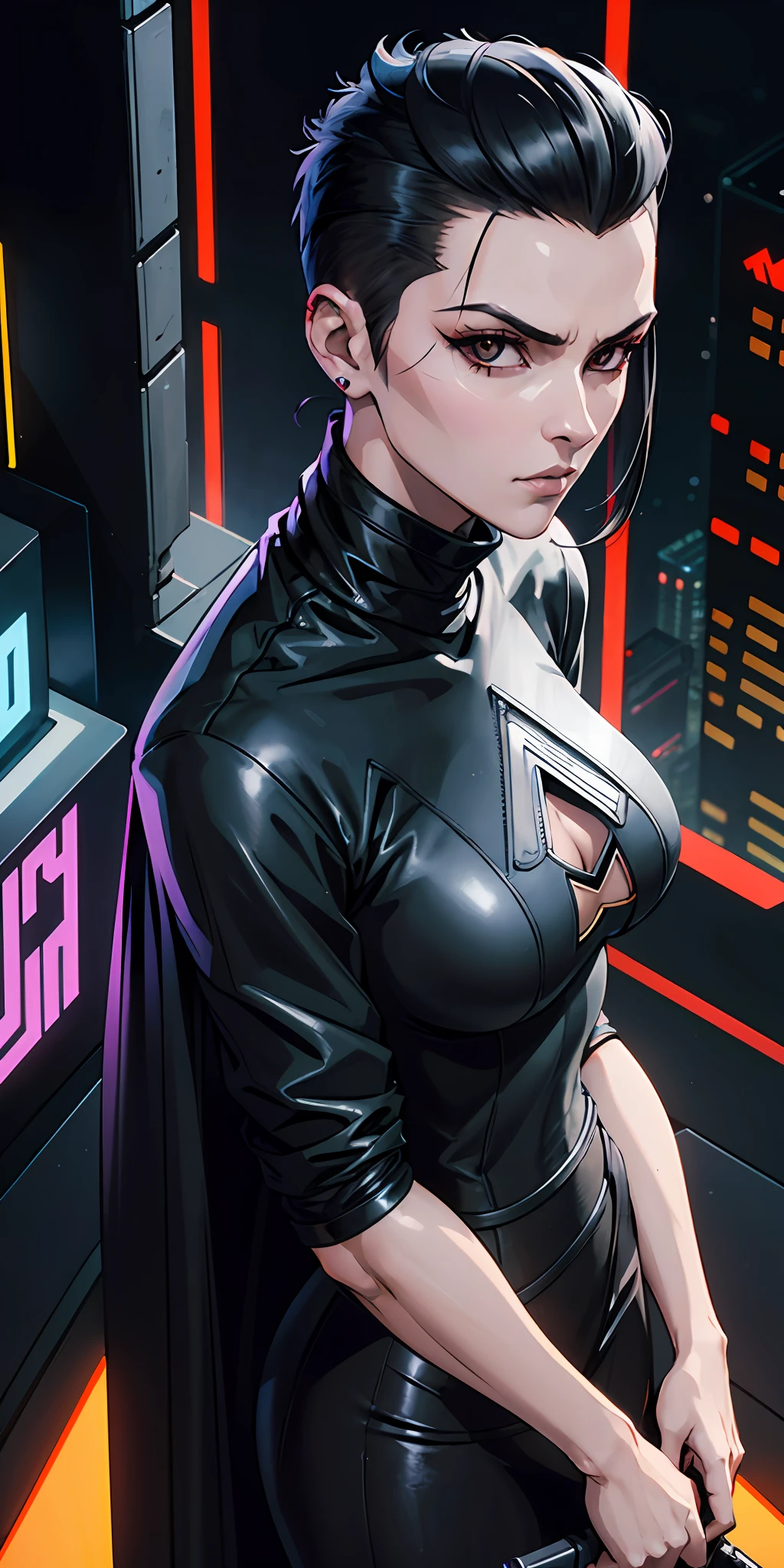 Wearing long black cape and turtleneck T-shirt, Butcher Billy, very high angle, shaved sides, short white hair, In Future City, Cyberpunk 2077, Aeon Flux, UHD, 16K