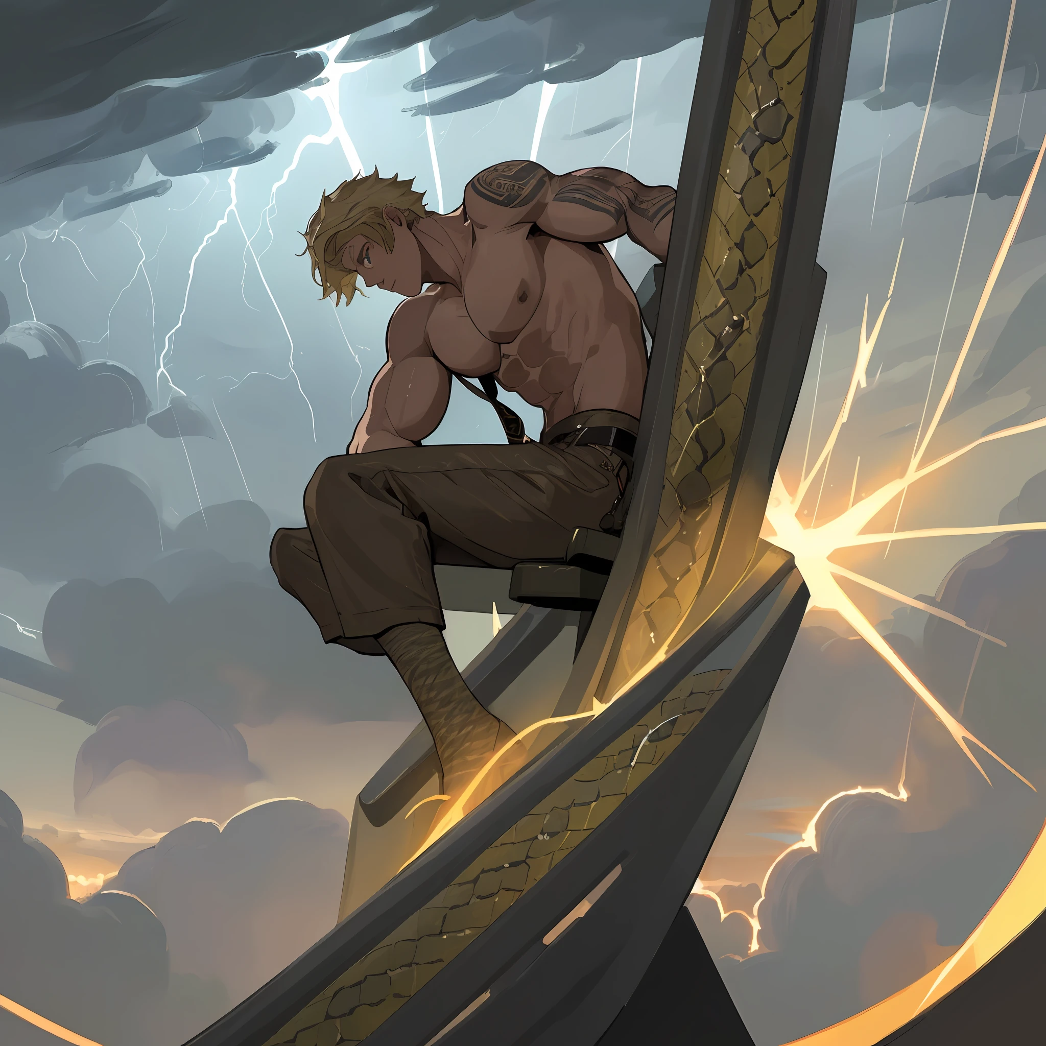 (high-quality illustration, masterpiece) A muscular man sitting on a seat in an airplane, staring at a tempestuous storm outside the window. Dark clouds surround the plane while bolts of lightning flash across the sky. The man's golden ring gleams sharply under the flickering light. His arm exposes a snake tattoo, indicating his affiliation with a gang.