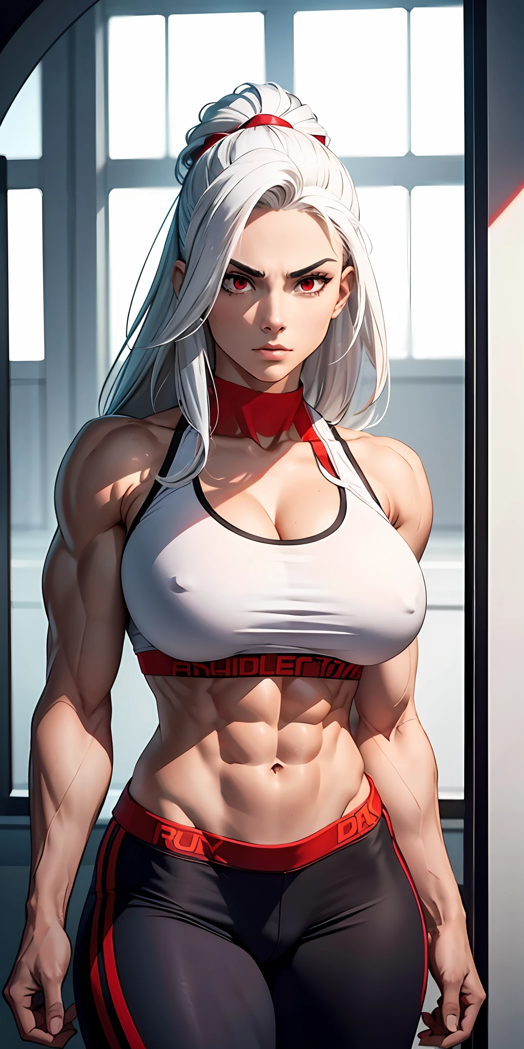 bodybuilder, pretty face, serious face, white hair, red eyes, perfect body, fit body, abdomen, big breasts, muscular,