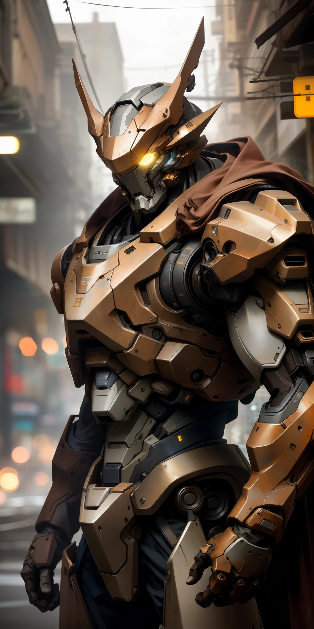 Portrait photo of an alpha male, perfect eyes, in a worn mecha suit, ((light bokeh)), intricate, (steel metal [rust]), elegant, sharp focus, photo by greg rutkowski, soft lighting, vibrant colors, masterpiece, ((streets)), cowboy shot, dynamic pose,