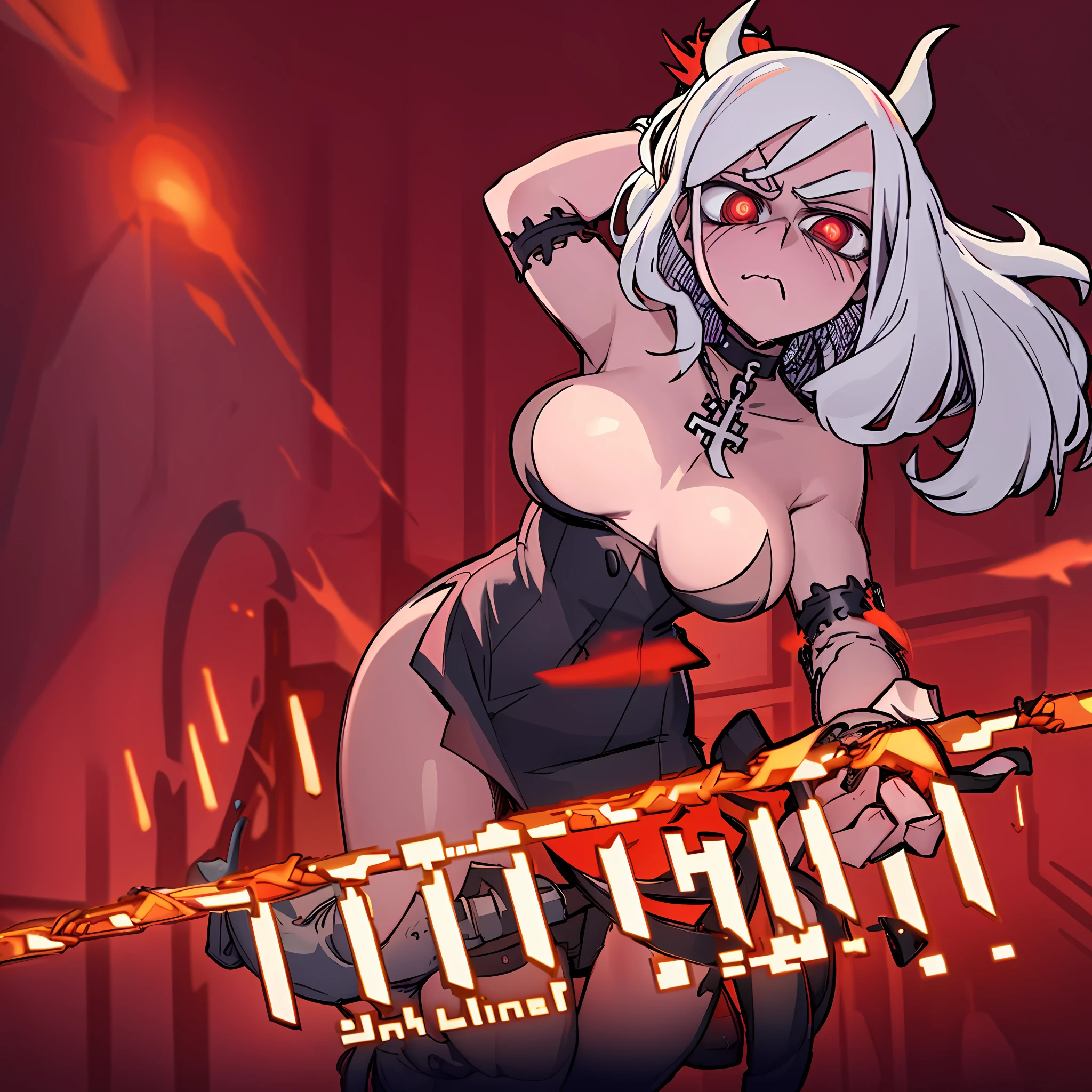 masterpiece, best quality, Justice \(helltaker\), horns, white hair, demon girl, 1girl, full body, desk wear, black skirt, tights, white shirt, high heels, demon horns, breasts, red eyes, short hair, black horns, hair over one eye, piercing, jewelry, tail, demon tail, cross, choker, lip piercing, necklace, big breasts, cross necklace