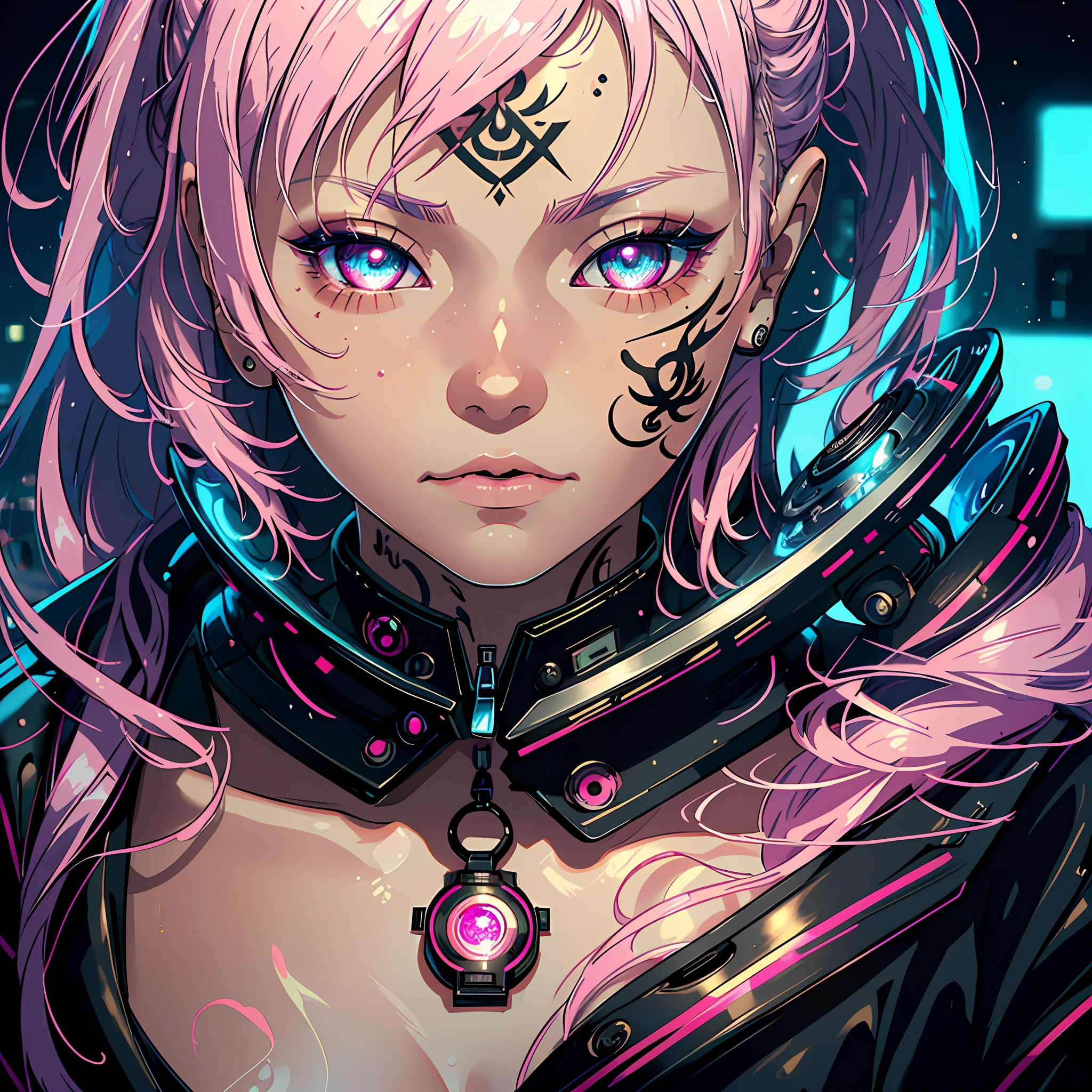 masterpiece, best quality, ultra-detailed, texture, detail eyes,8k, 1girl, Sukuna, a girl with pink hair,wearing a white haori, tattoo_ryoumen, tattoo_on_his_face, looking at viewer,close up shot, detailed eyes, detailed face, (masterpiece:1.4),(best quality:1.4),(shiny skin),realistic, bright, neon lights, night, midnight, city, cyberpunk, light , highest quality digital art, official art for jjk