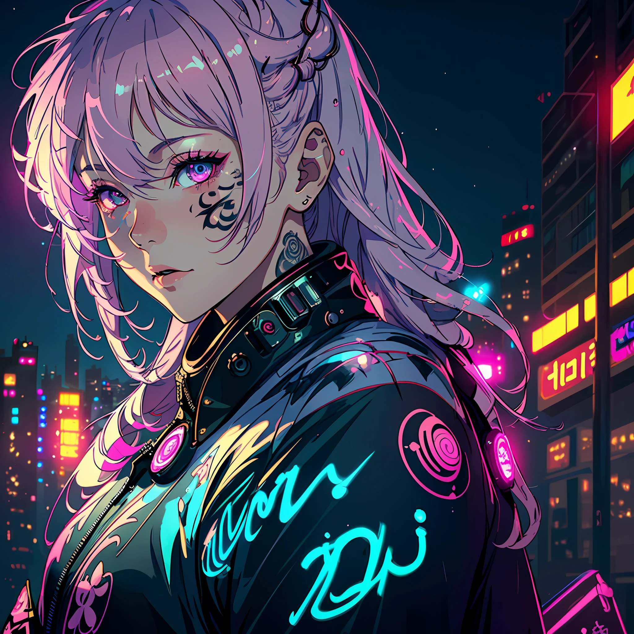 masterpiece, best quality, ultra-detailed, texture, detail eyes,8k, 1girl, Sukuna, a girl with pink hair,wearing a white haori, tattoo_ryoumen, tattoo_on_his_face, looking at viewer,close up shot, detailed eyes, detailed face, (masterpiece:1.4),(best quality:1.4),(shiny skin),realistic, bright, neon lights, night, midnight, city, cyberpunk, light , highest quality digital art, official art for jjk