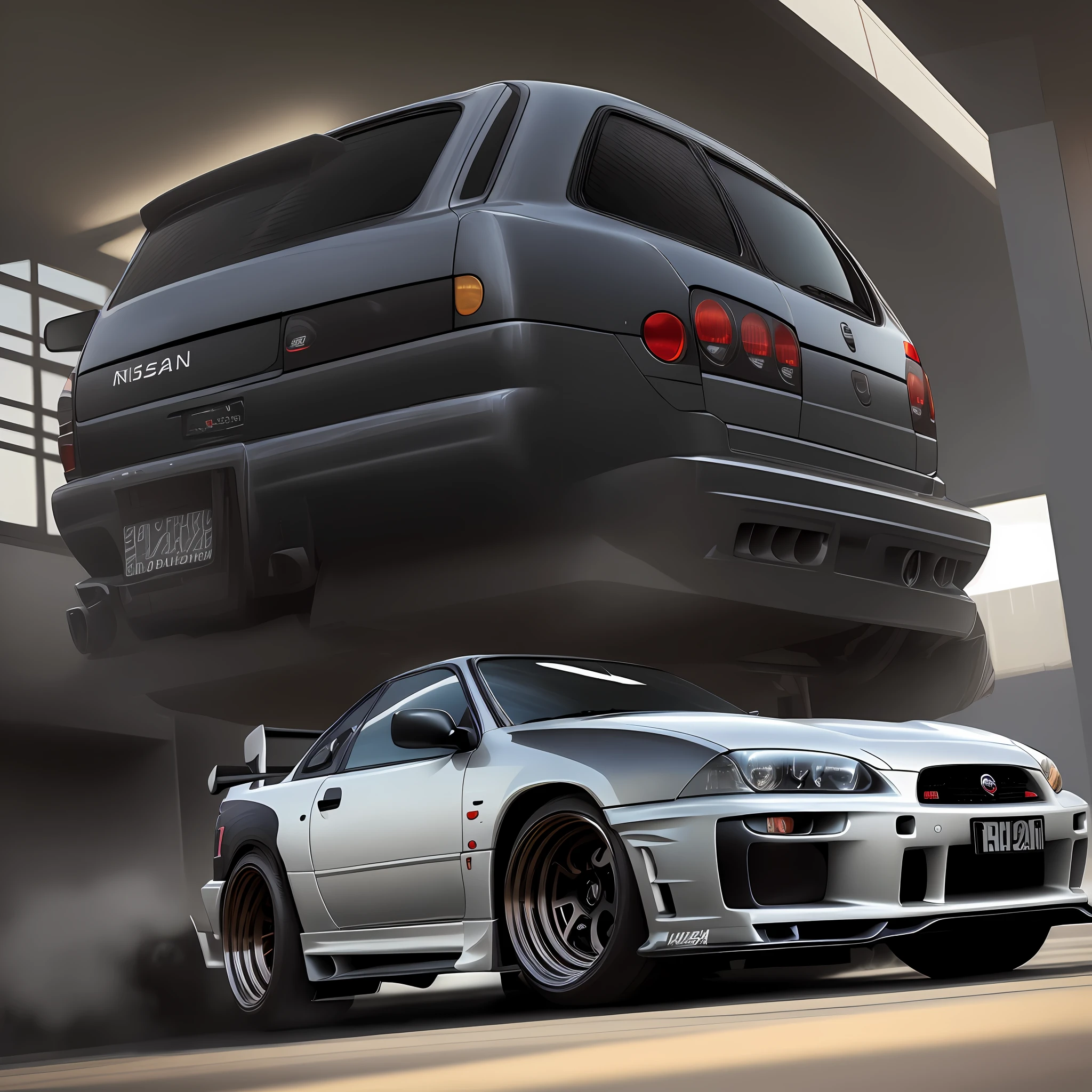 dark character next to a Nissan R34 from the back