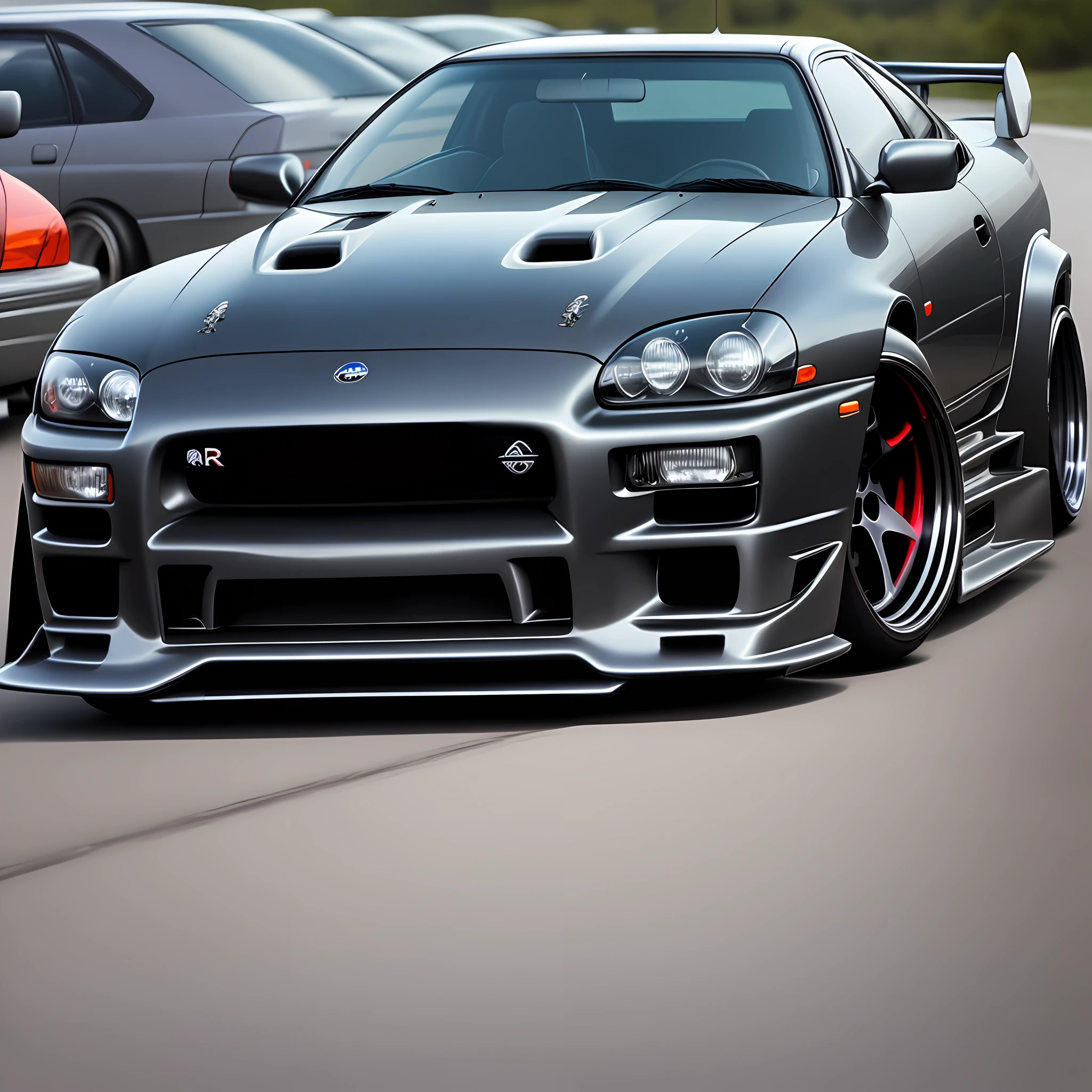 dark character next to a Nissan R34 from the back