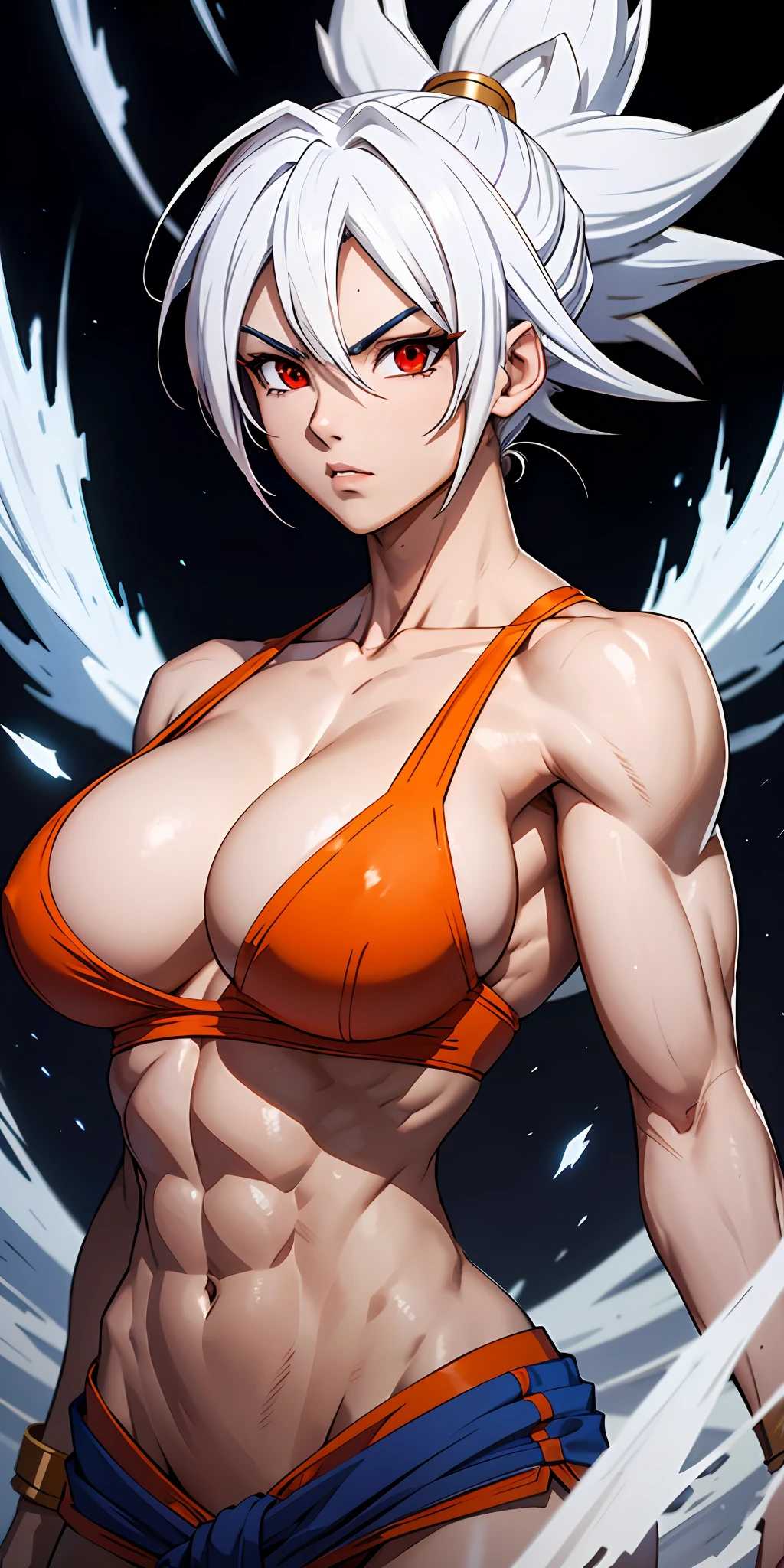 bodybuilder goku, pretty face, serious face, white hair, red eyes, perfect body, fit body, abdomen, big breasts, muscular,